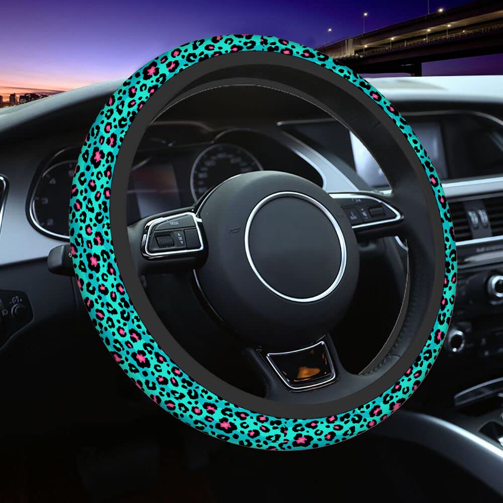 Swono Leopard Print Steering Wheel Cover - Abstract Blue Pink Leopard Spots, Anti-Slip Fur Wrap for Cars & Trucks (Fits 15