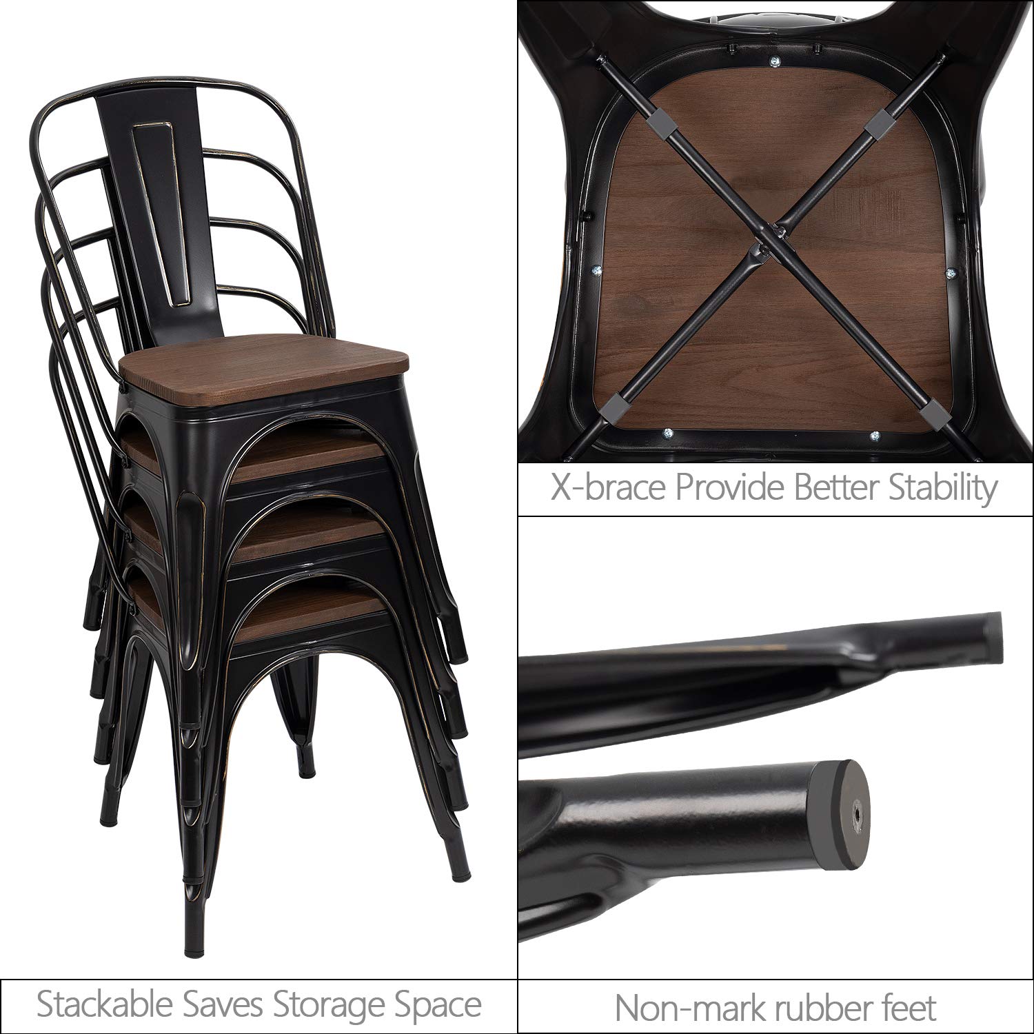 Furmax 4-Pack Black Gold Metal Dining Chairs with Wood Seat - Stackable Indoor Outdoor Bistro Cafe Side Chairs for Patio, Restaurant & Home Dining