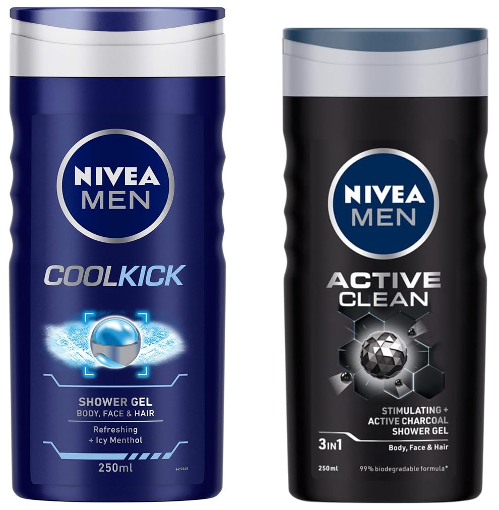 Nivea Men Active Clean & Cool Kick Shower Gel Set - 2 x 250ml Refreshing Body Wash for Men | Gym, Post-Workout & Daily Shower Routine