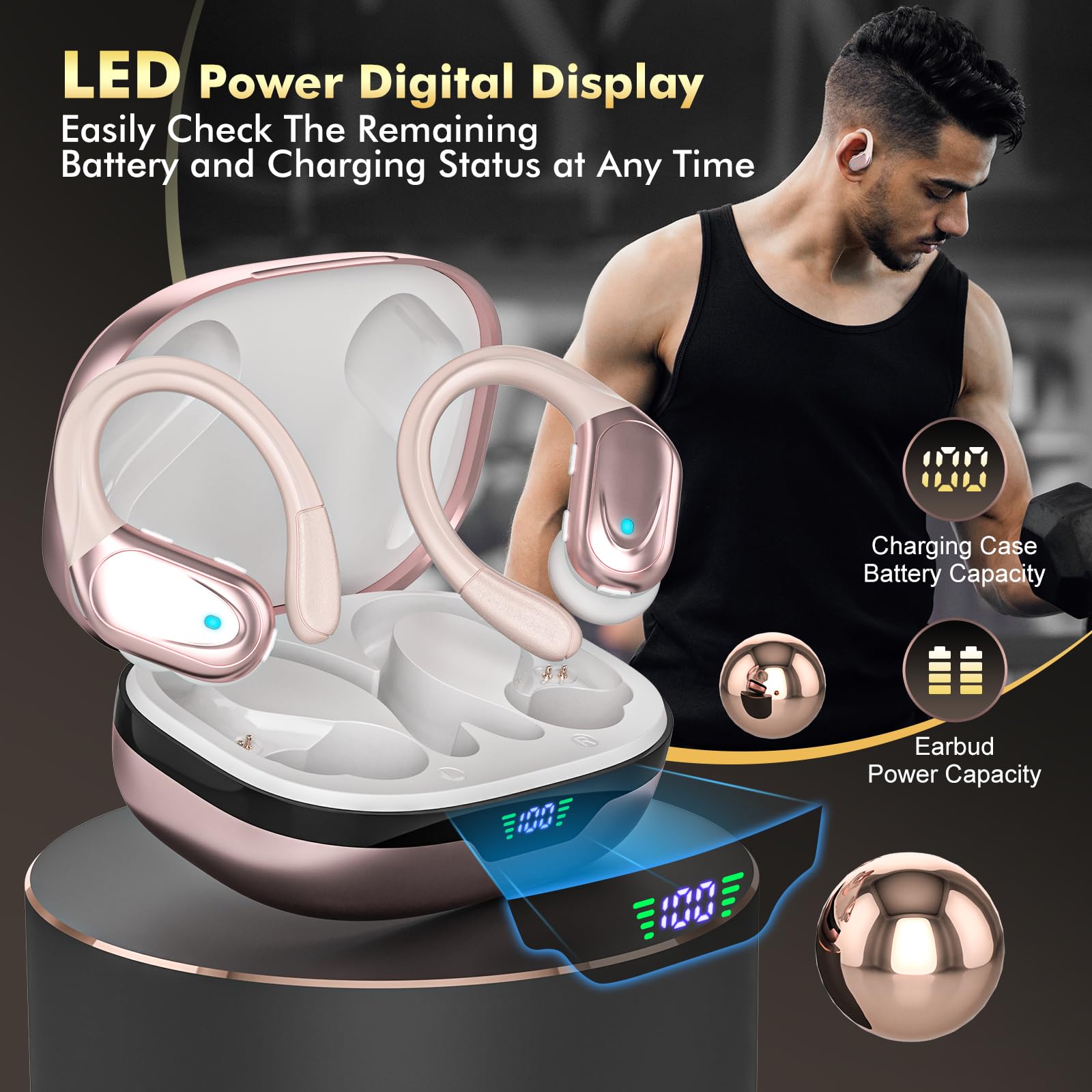 Wireless Bluetooth Earbuds with 80H Playtime, Noise Cancelling Mic & Power Display - Secure Earhooks for Running, Workouts & Sports | Perfect for Gym, Commuting & Outdoor Activities