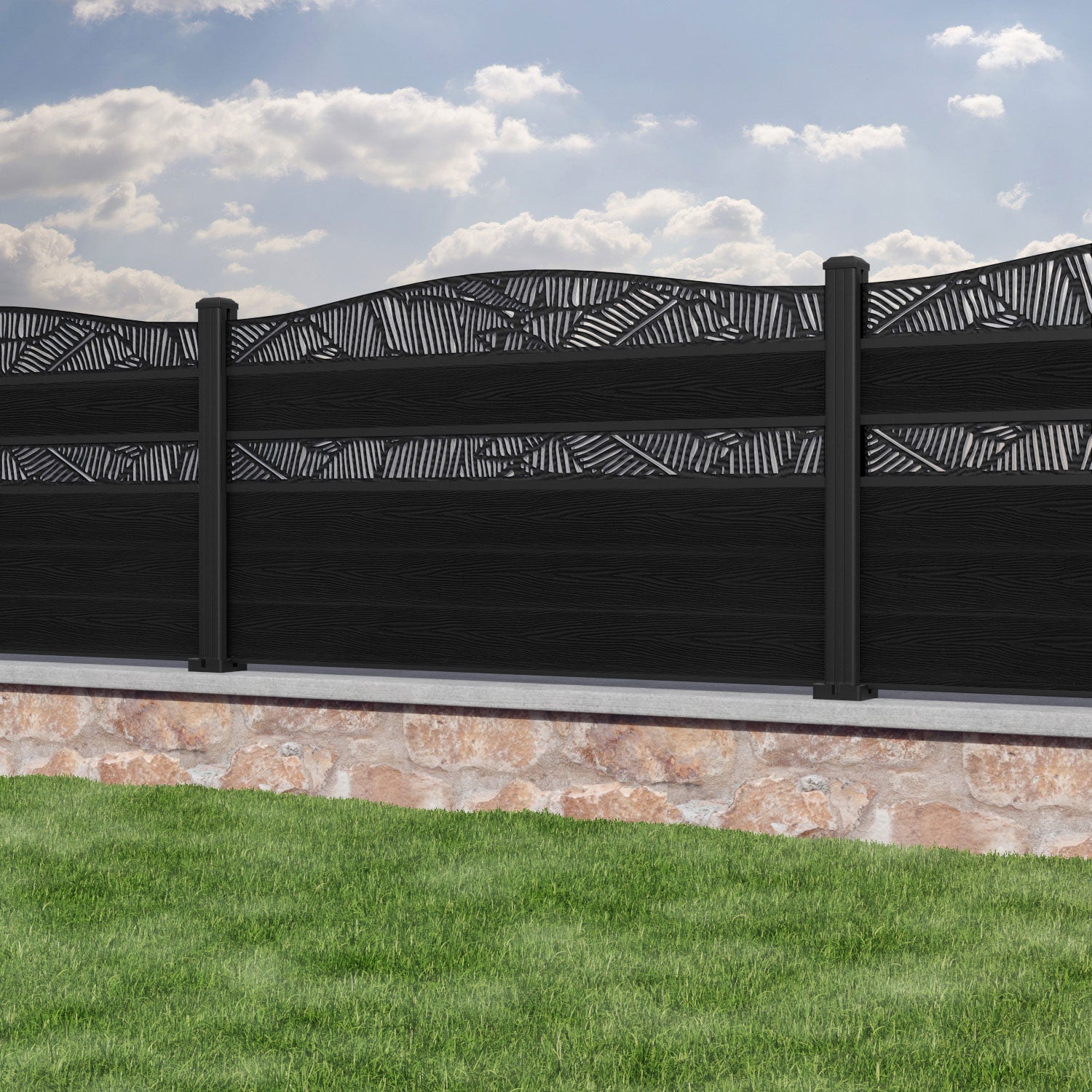 Classic Black Feather Curved Top Split Screen Fence Panel with Aluminum Posts - Perfect for Garden Privacy, Patio Decoration and Backyard Landscaping