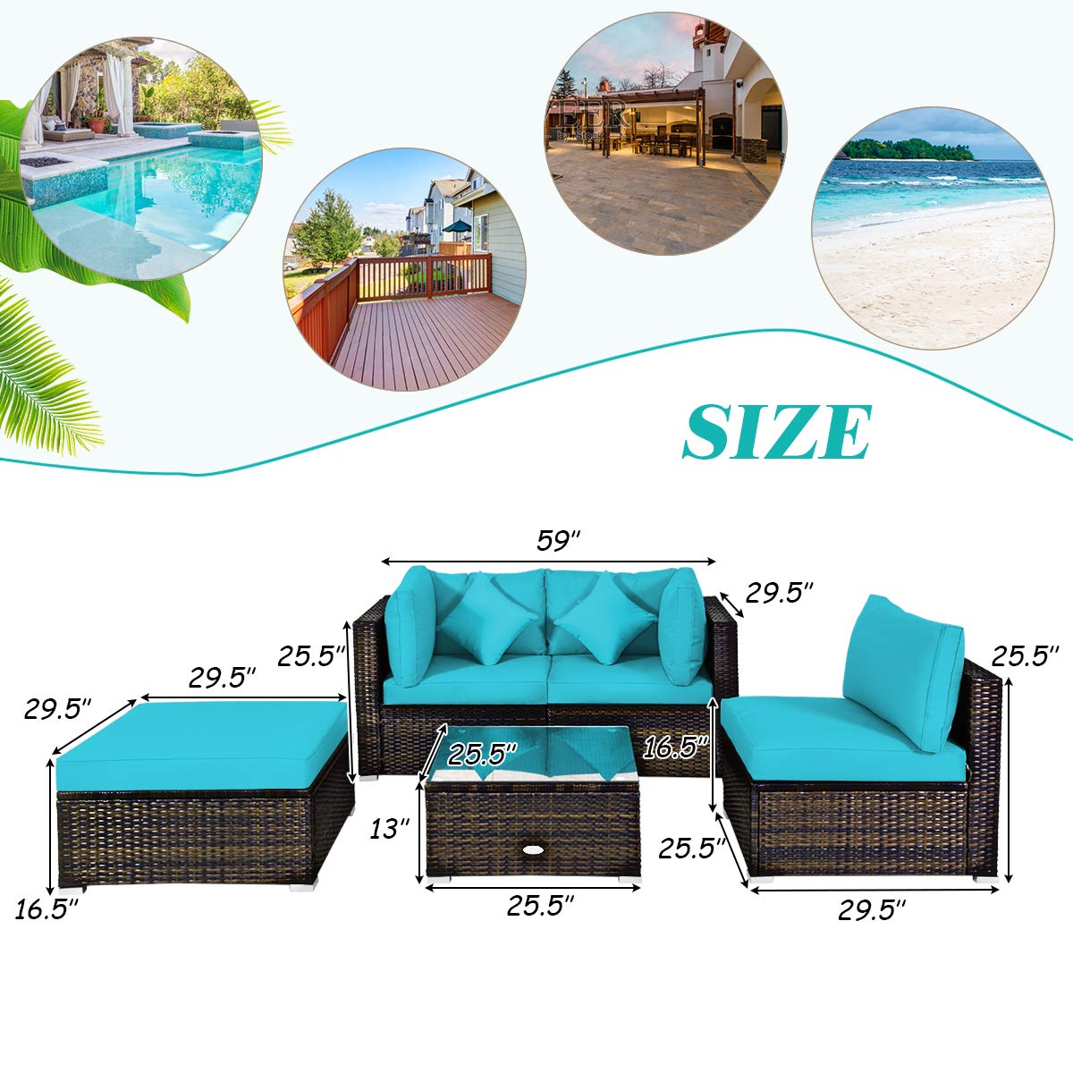 Tangkula 5-Piece Outdoor Patio Furniture Set - All-Weather Wicker Sectional Sofa with Cushions & Glass Table - Turquoise Rattan Conversation Set for Backyard, Porch, Poolside & Garden Relaxation