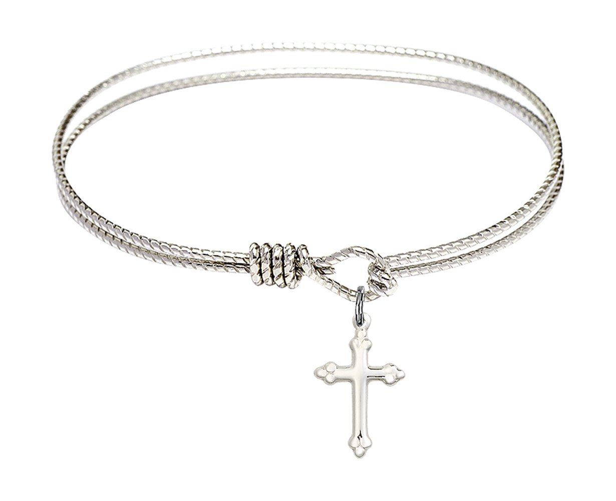 Sterling Silver Oval Eye Hook Bangle Bracelet with Cross Charm - Perfect for Everyday Wear, Gifts & Religious Occasions