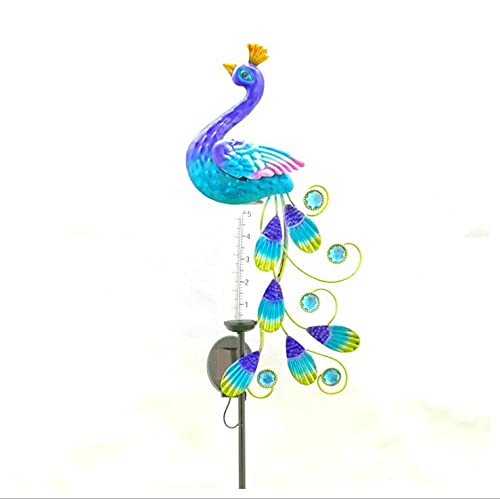Solar Powered Outdoor Rain Gauge with Peacock Lamp - Weather Resistant Garden Decor for Lawn, Yard & Patio - Perfect for Backyard Lighting & Rainfall Measurement