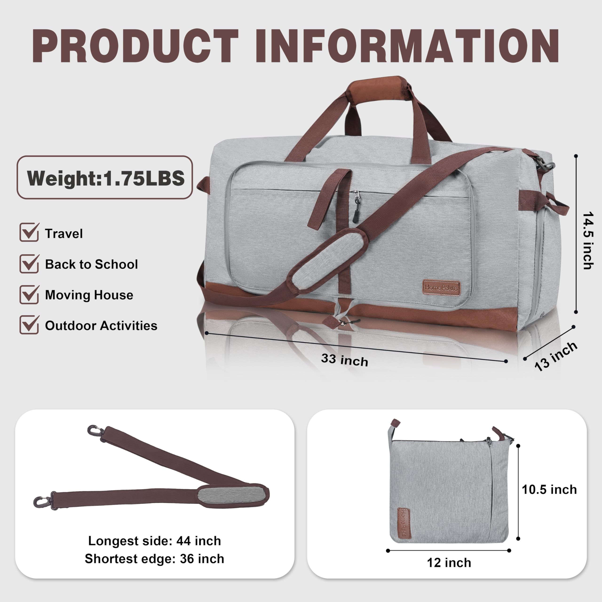120L Large Foldable Waterproof Duffle Bag for Travel, Gym, Camping & Beach - Collapsible Packable Duffel Bag with Shoe Compartment for Men & Women (Grey) - Perfect for Sports, Swimming Pool & Outdoor Adventures