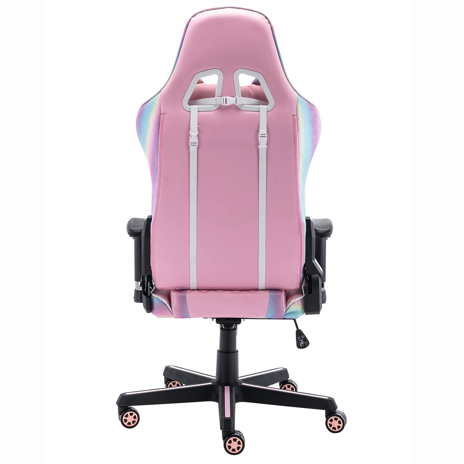 Ergonomic Pink Gaming Chair with Cute Cat Headrest & Lumbar Support - Comfortable Computer Desk Chair for Adults & Kids (Rainbow, Black Base) - Perfect for Home Office, Gaming Setup & Study Room