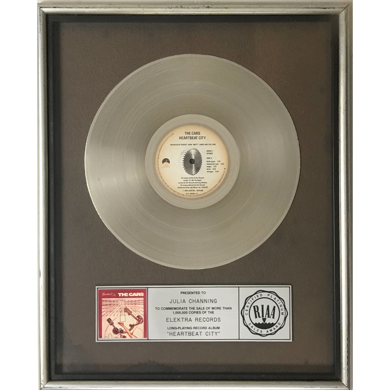 The Cars Heartbeat City Platinum Album Award - Classic Rock Music Collectible for Fans & Display