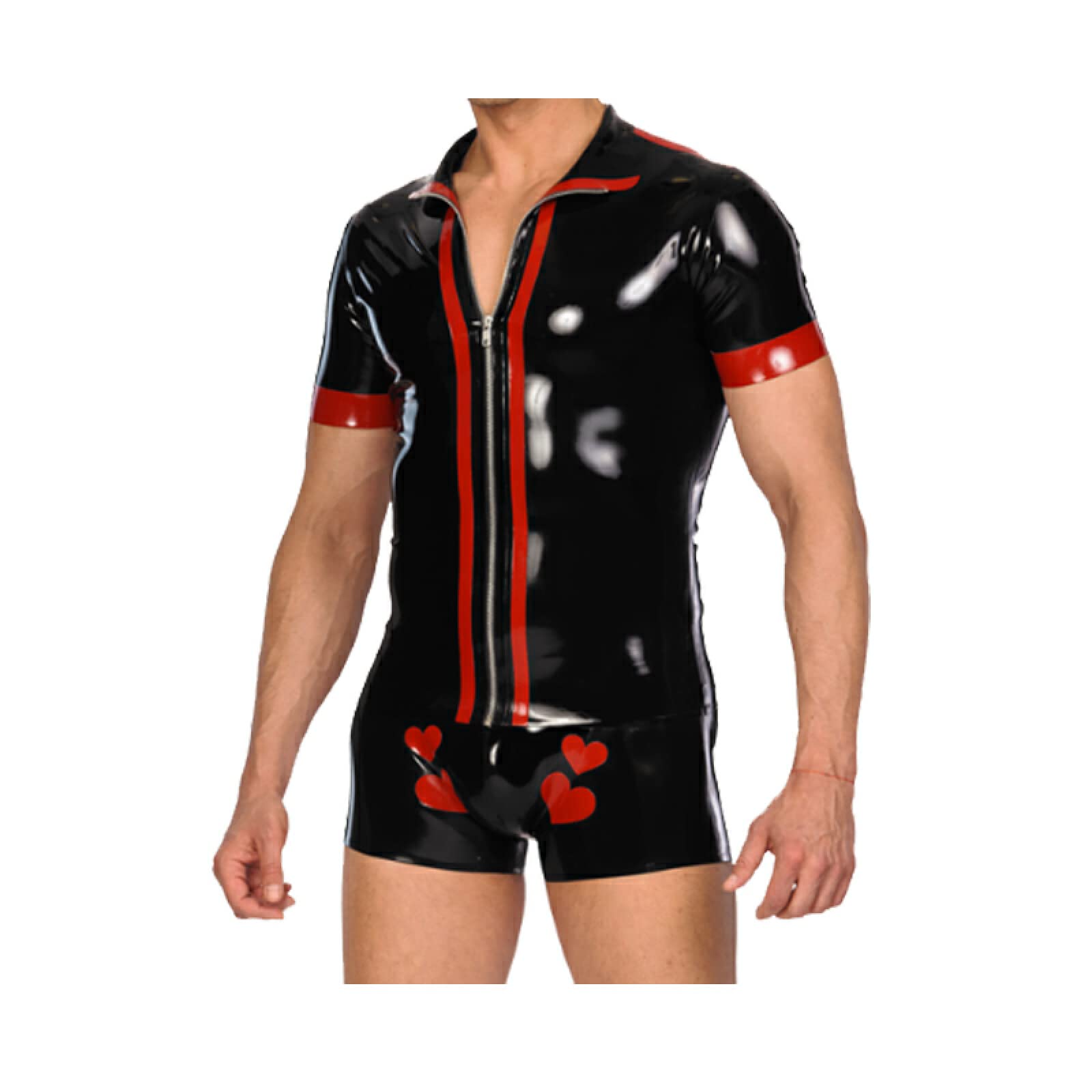 Men's Latex Red & Black Short Sleeve Zipper Top with Boxer Shorts Suit - XXS to XXL Size - Fetish Wear, Cosplay & BDSM Outfit for Parties & Roleplay