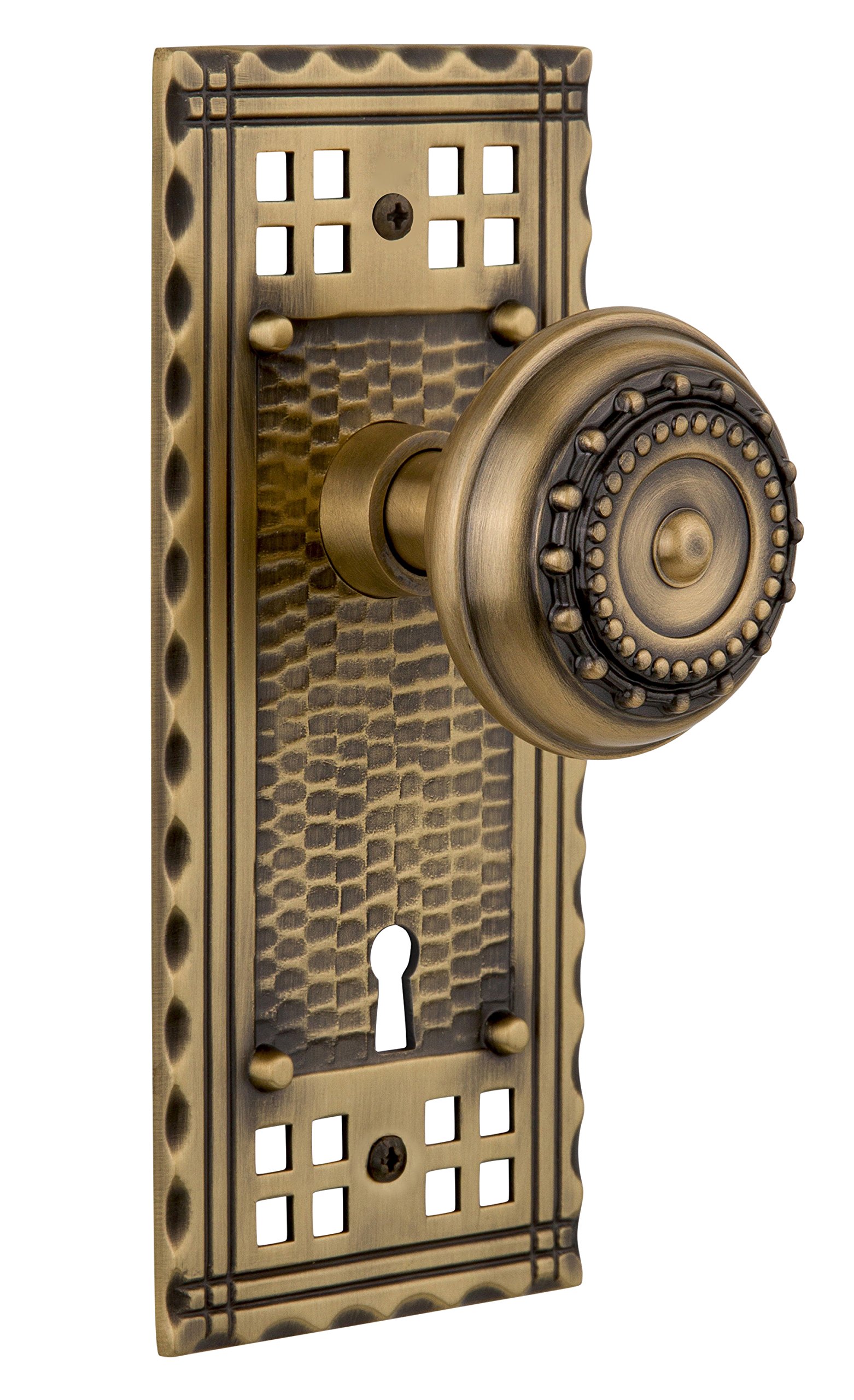 Vintage Craftsman Plate with Keyhole Meadows Knob - Single Dummy Door Handle in Antique Brass - Perfect for Farmhouse, Cottage & Rustic Home Decor