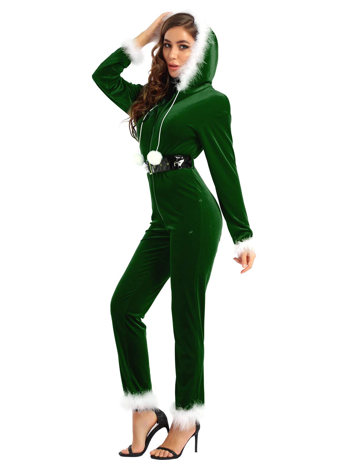 Women's Mrs. Claus Santa Costume Jumpsuit - Red Christmas One Piece Pajama Set with Hood | Perfect for Holiday Parties, Christmas Photos & Festive Family Gatherings
