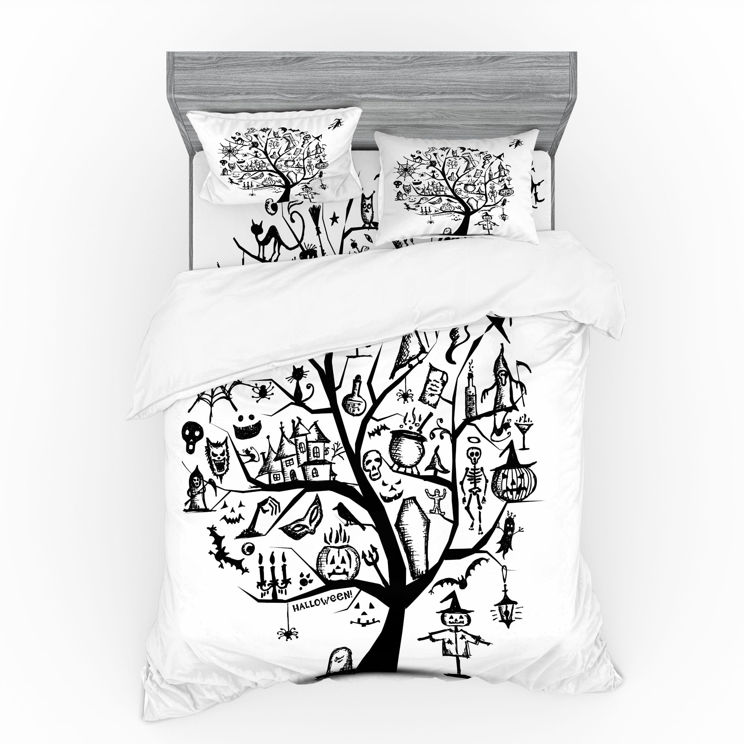 Ambesonne Halloween Duvet Cover Set - Spooky Tree & Witch Broom Design, 4-Piece King Size Bedding Set with Shams & Fitted Sheet, Black & White | Perfect for Halloween Decor, Themed Bedrooms & Cozy Autumn Nights