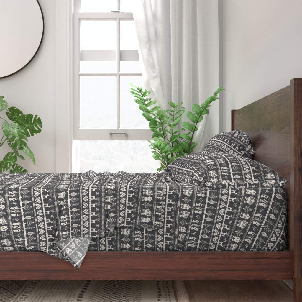 Scandi Style Christmas Tree Charcoal Ivory Heart Vintage Nordic Print 100% Cotton Twin 3-Piece Sheet Set | Soft Breathable Bedding for Holiday Decor & Cozy Winter Nights