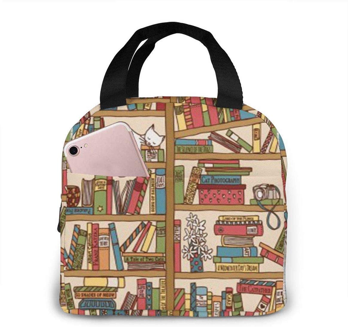 YONGYI Insulated Lunch Bag - Cute Kitty Book Lover Design Thermal Picnic Lunch Box, Large Meal Prep Handbag Pouch for School, Office & Outdoor Activities | Perfect for Library, Work & Picnics