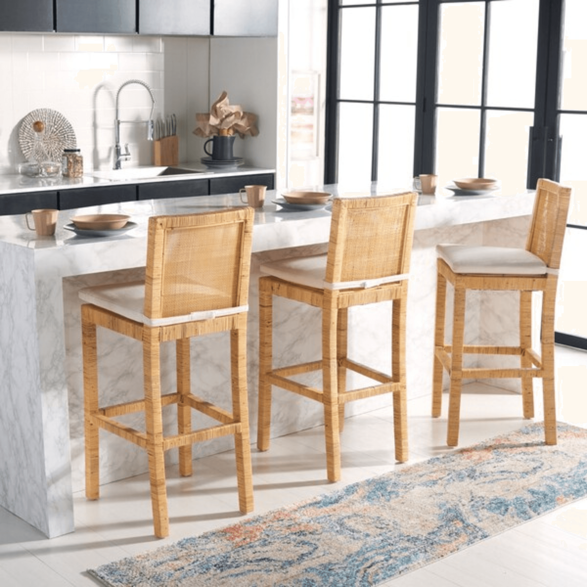 Comfortable Cane Bar Stool with Soft Cushion - Rattan Counter Height Stool for Kitchen Island, Breakfast Nook & Home Bar - Stylish & Durable Seating for Indoor Use