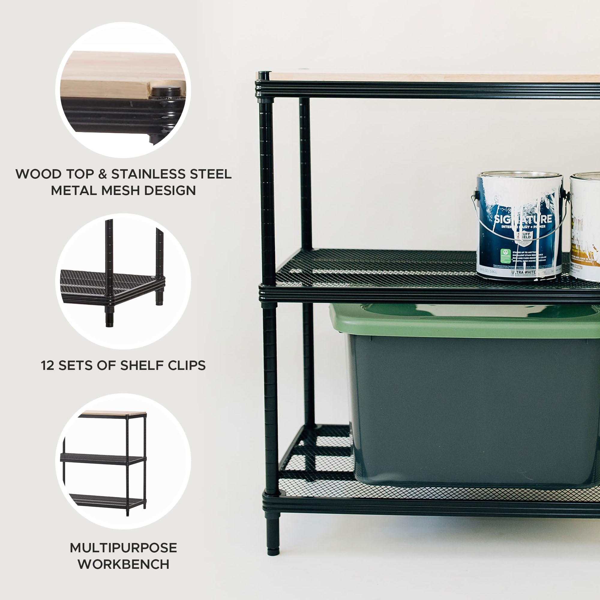 Metal Mesh Shelf Unit with Wood Top - Black Design Ideas MeshWorks Shelving Rack for Workbench & Home Organization | Garage Storage, Workshop Display, Kitchen Pantry Organizer