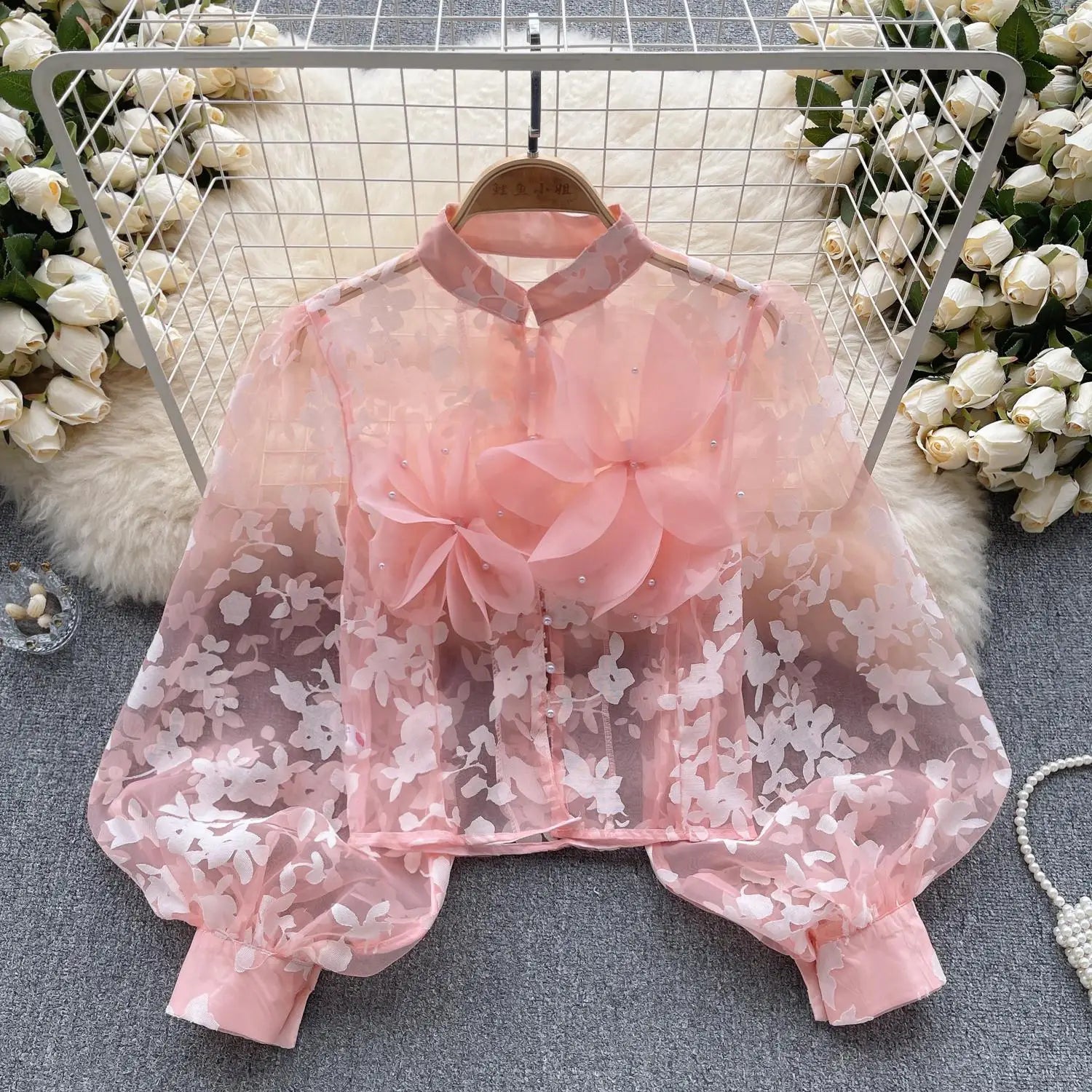 Elegant French Retro 3D Floral Mesh Blouse for Women - Long Sleeve Y2K Vintage Shirt with Holiday Print | Perfect for Autumn Fashion, Romantic Dates & Office Wear