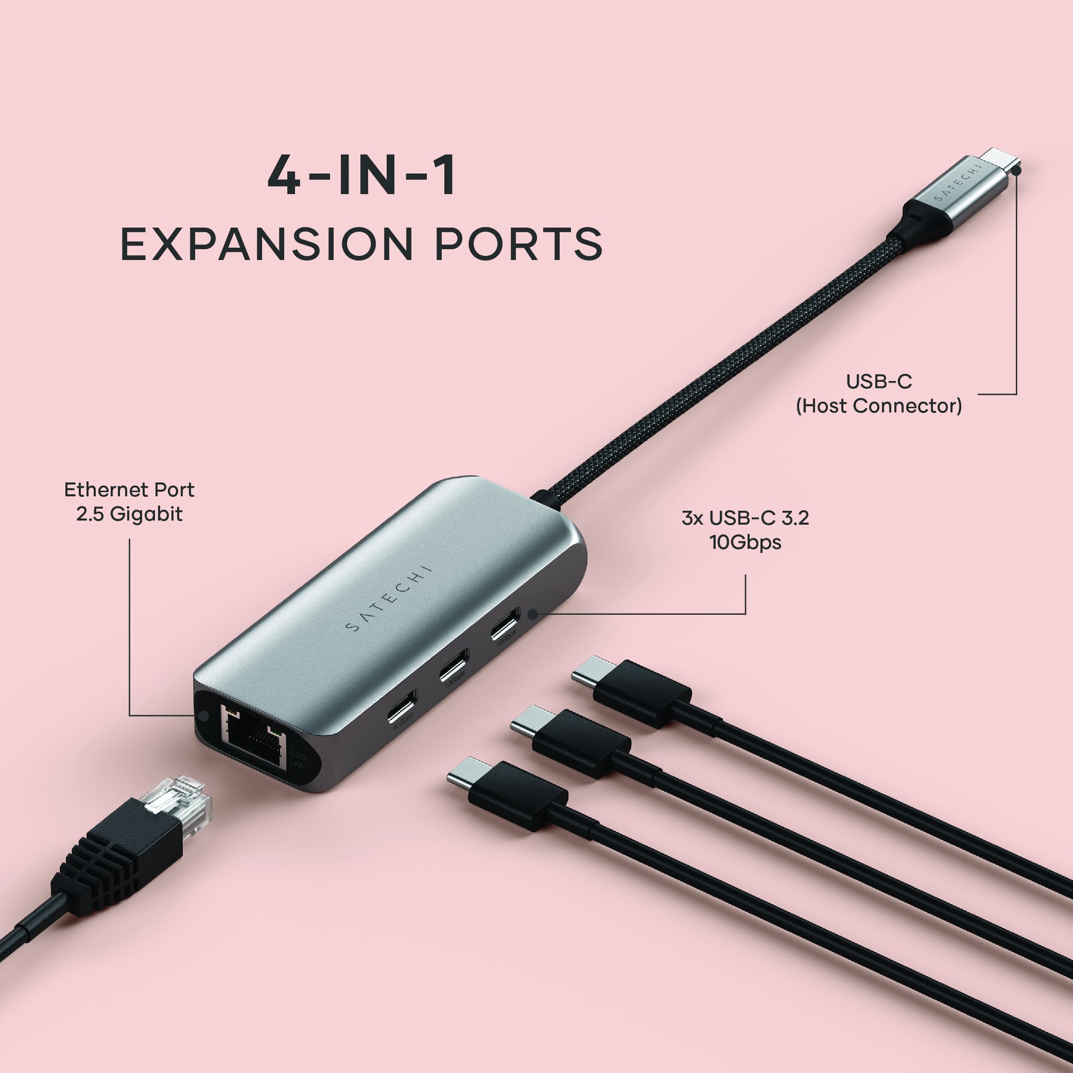 Satechi 4-in-1 USB C to Ethernet Adapter 2.5Gbps with 3 USB C 3.2 Ports - High Speed Network Dongle for MacBook, iPad Pro, Windows Laptop, Android & Chrome OS - Perfect for Home Office, Gaming & Video Streaming