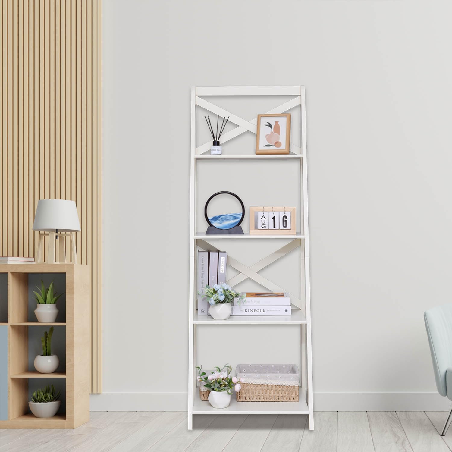 4-Tier Ladder Bookshelf - Tall Standing Wooden Display Shelf for Living Room, Bedroom, Office | Leaning Bookcase & Plant Shelf for Home Decor & Storage