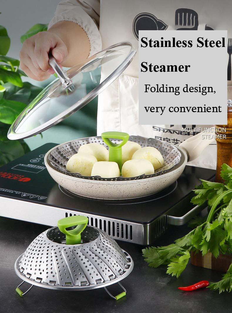 Stainless Steel Vegetable Steamer Basket - Expandable Folding Steamer Insert for Cooking Veggies, Fish & Seafood - Fits 5.1
