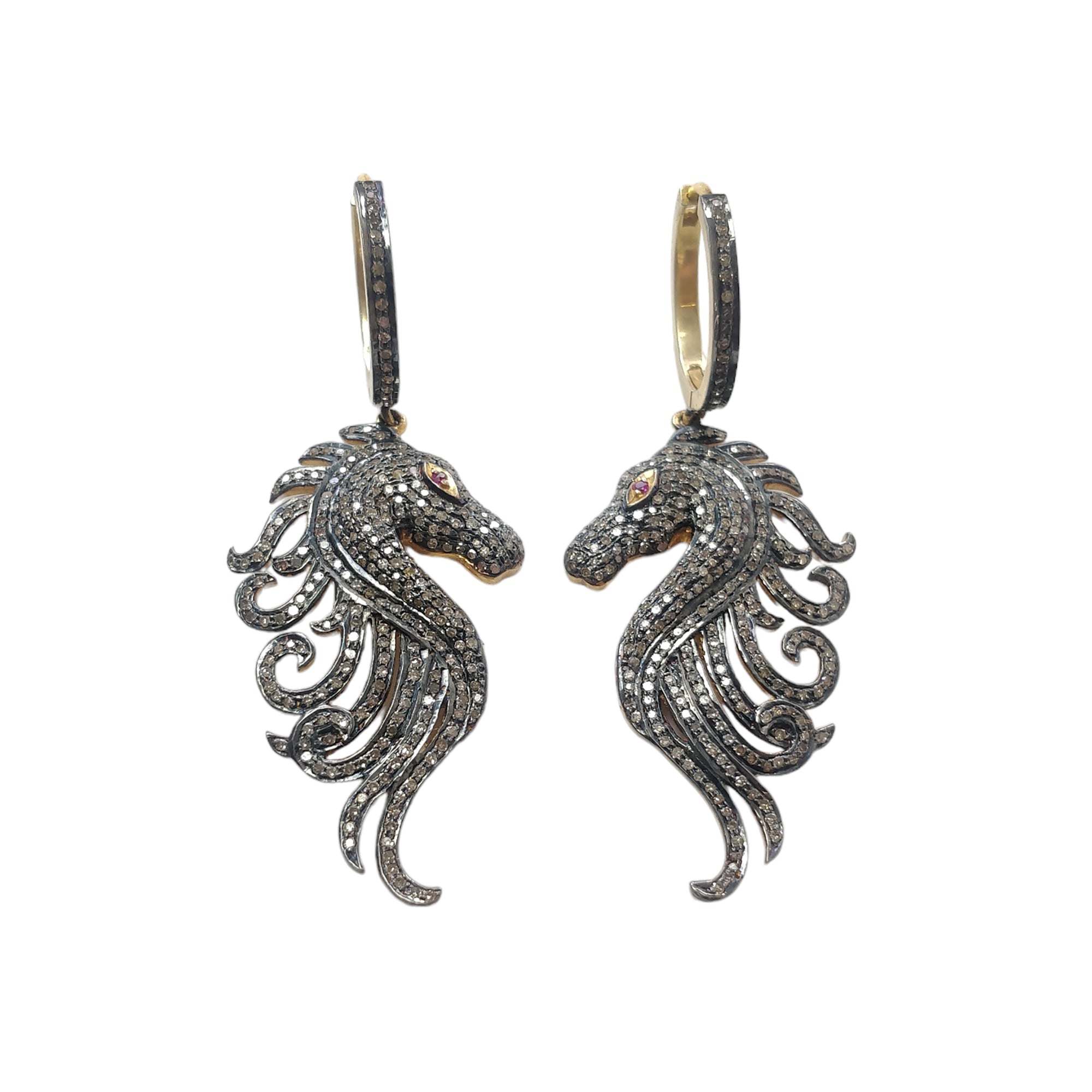 14K Gold & Sterling Silver Diamond Ruby Gemstone Hoop Earrings - 2.5 Inch Dangle Drop Horse Face Design with Pave Setting | Perfect for Weddings, Parties & Special Occasions