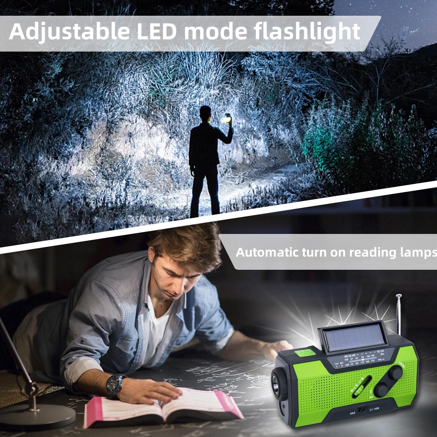 iRonsnow Emergency Weather Radio - Solar Hand Crank Portable AM/FM NOAA Radio with SOS Alarm, 2000mAh USB Phone Charger, Reading Lamp & Flashlight for Camping, Hiking, Power Outages and Emergency Preparedness