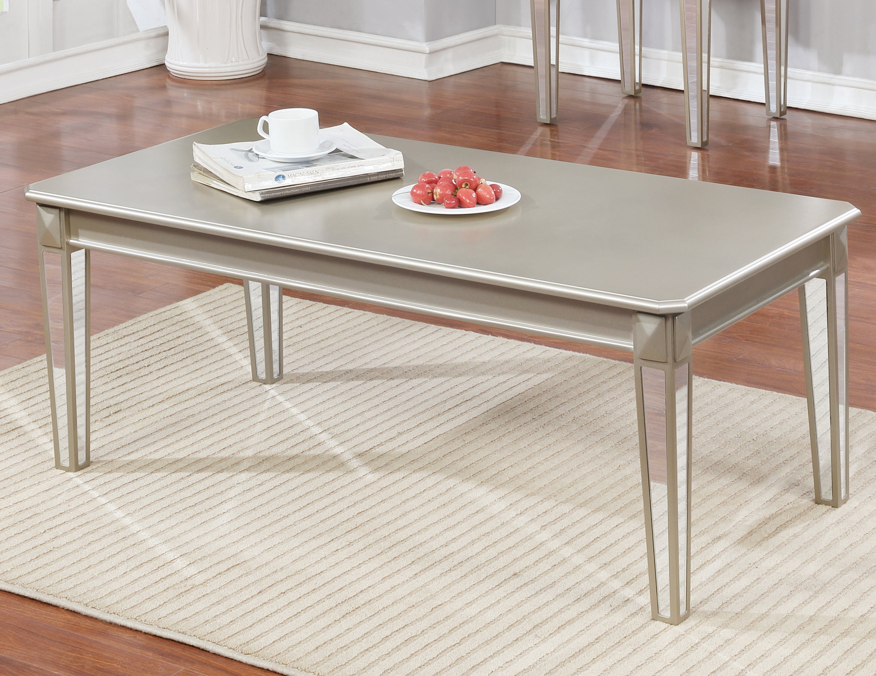 Roundhill Furniture Barent Contemporary Wood Coffee Table with Mirrored Legs in Champagne - Modern Living Room Centerpiece for Home Decor & Entertainment