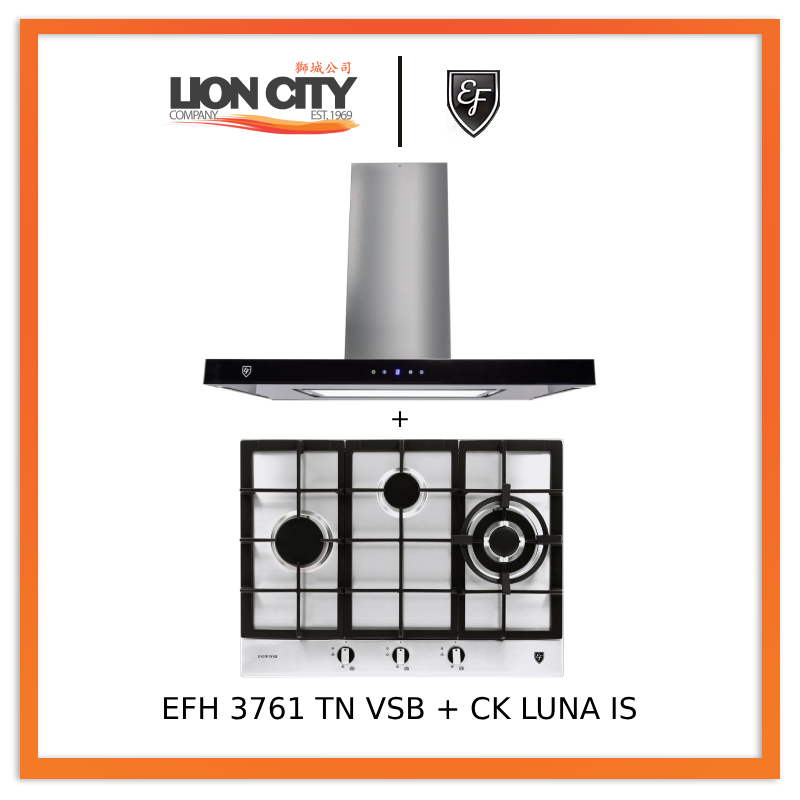 EF CK LUNA 90cm Island Range Hood + EF EFH 3761 TN VSB 68cm Built-in Stainless Steel Gas Hob - Modern Kitchen Ventilation & Cooking Solution for Home Chefs