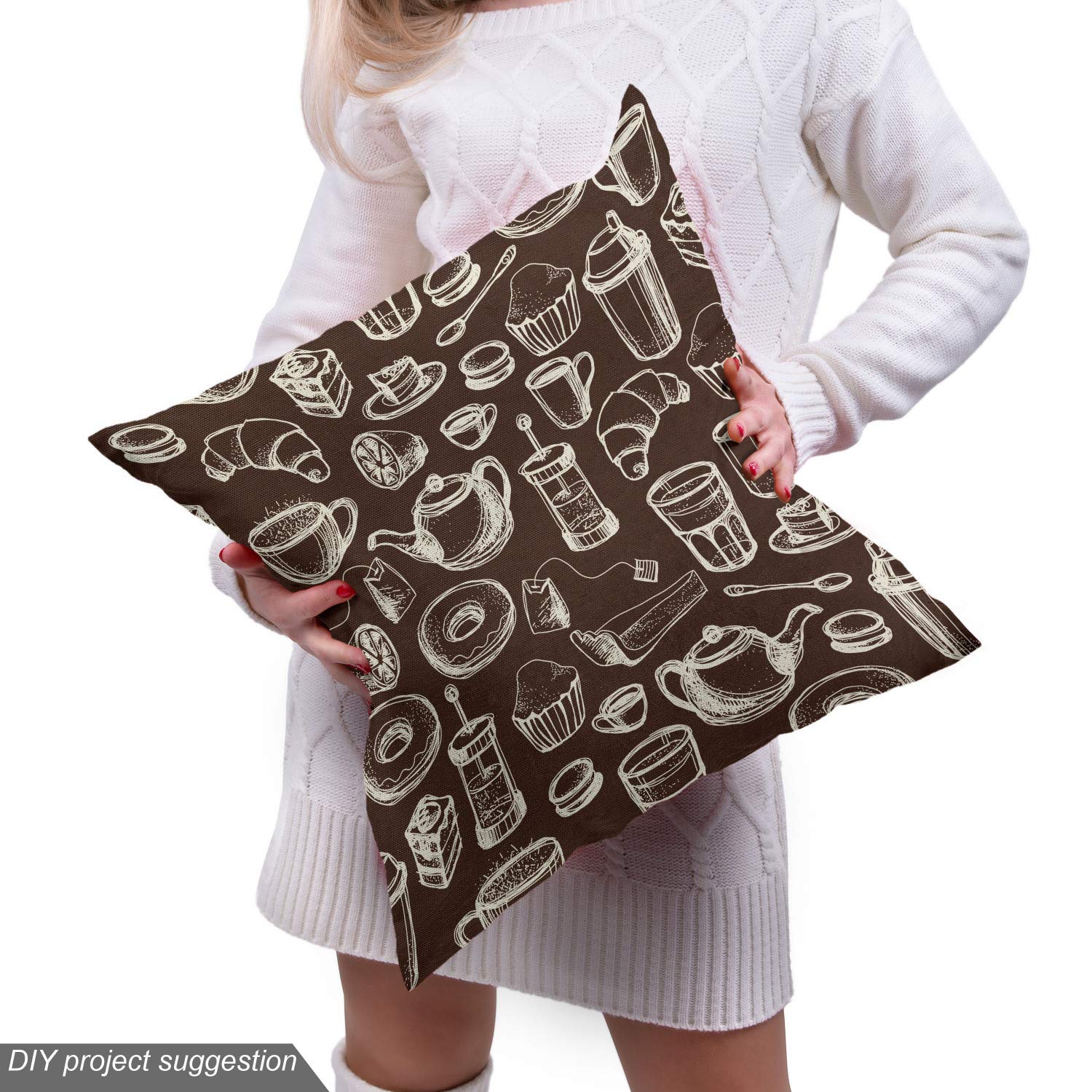 Ambesonne Brown and White Fabric by The Yard - Hand Drawn Coffee, Tea Cups, Donuts & Sweets Pattern - Decorative Upholstery & Home Accent Fabric - 10 Yards - Dark Brown & White - Perfect for DIY Projects, Curtains, Pillows & Table Runners