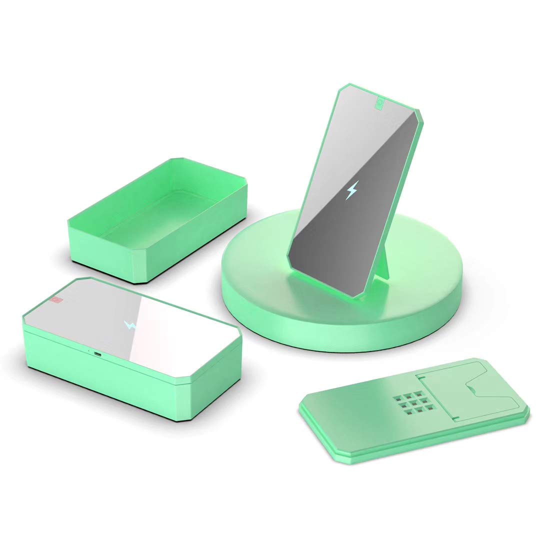 CarbonKlean UVKlear - UVC Sterilization Kit with Wireless Charger | Removable Cosmetic Mirror | UV Sanitizer for Phone, Jewelry & Makeup Tools | Portable Disinfection for Home, Office & Travel (Green)