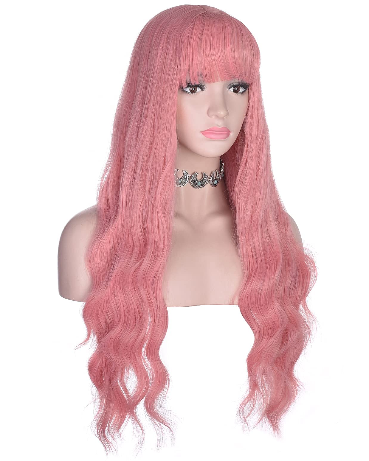 Long Wavy Pink Wig with Bangs for Women - Heat Resistant Synthetic Hair Wig for Daily Wear & Cosplay Events - Perfect for Halloween, Costume Parties, Anime Conventions & Themed Events (Pink)