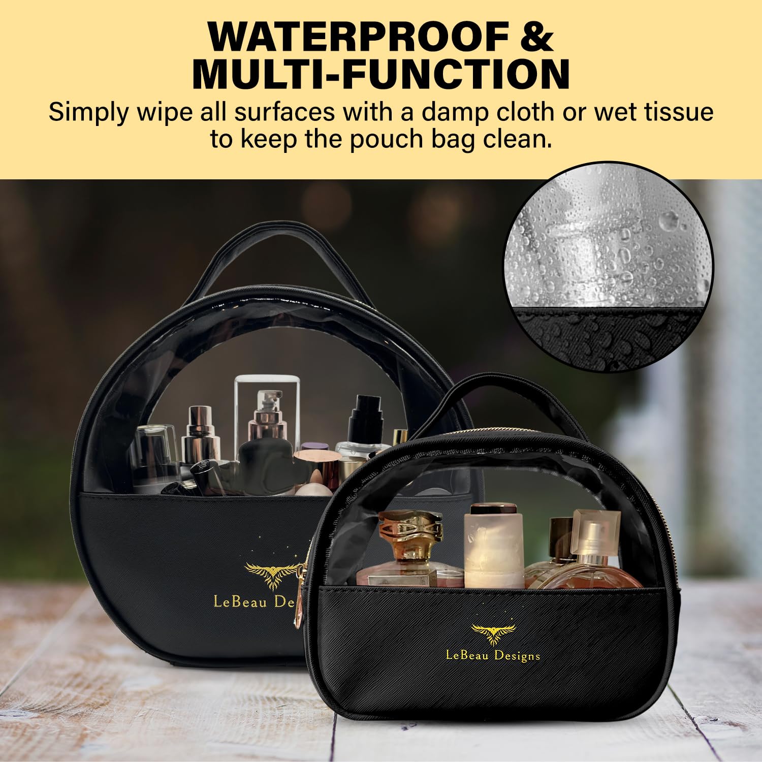 2-Pack Waterproof PU Leather Makeup Travel Bag for Women - Clear Toiletry Organizer with Multiple Compartments & Layered Storage | Perfect for Cosmetic, Skincare & Travel Essentials (Black)