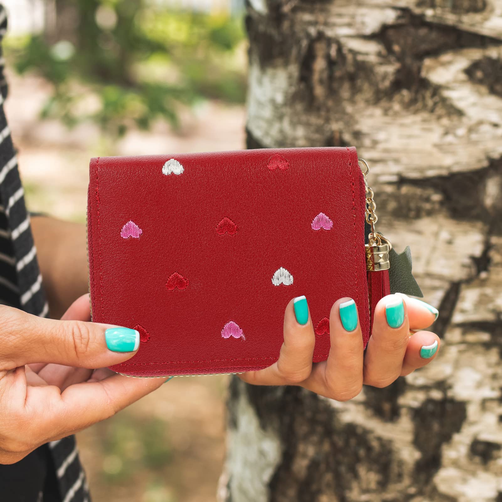 VALICLUD Red PU Leather Wallet for Women - Heart Design, Zipper Card Holder for Daily Use & Travel