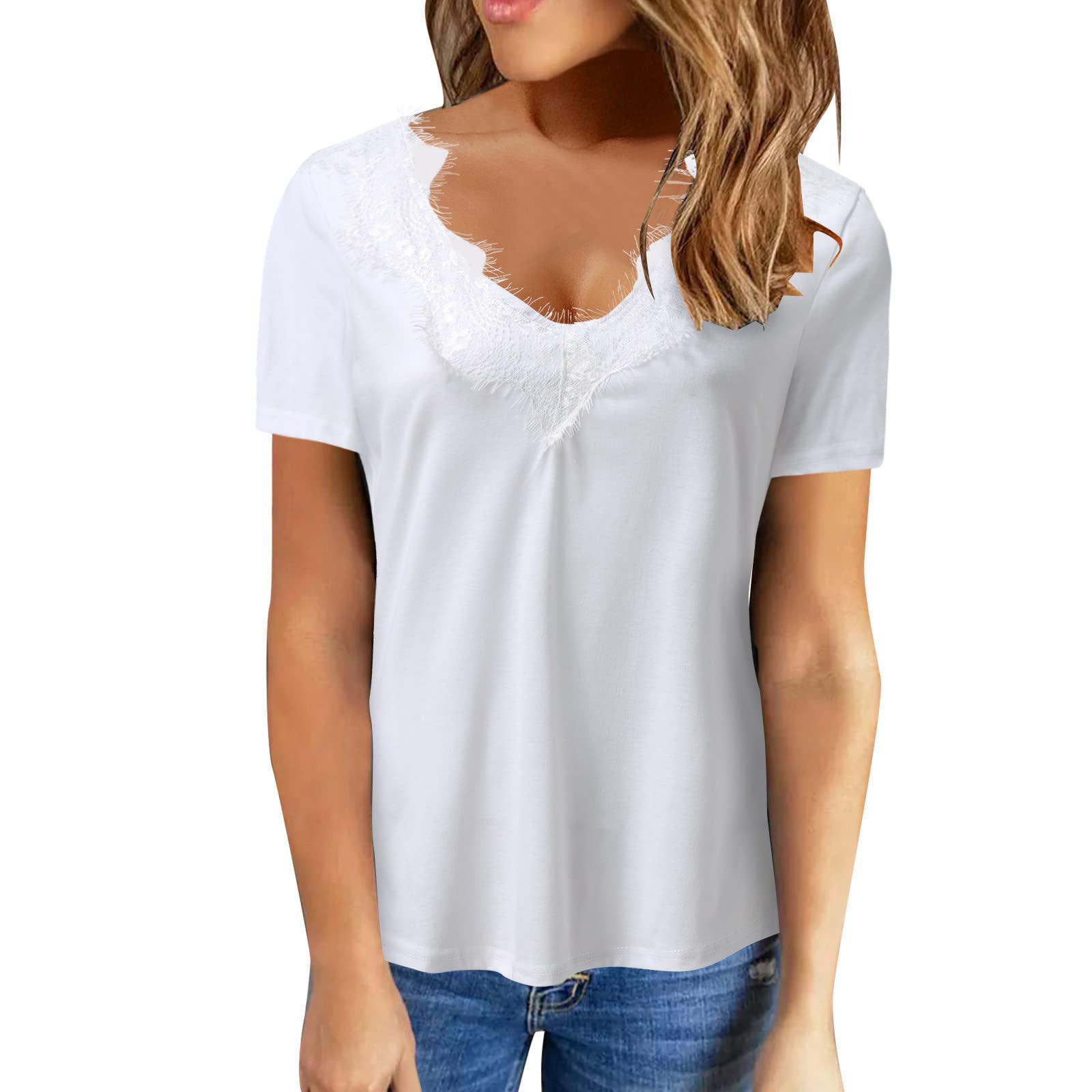Women's V-Neck Workout Tops - Lace Guipure See-Through Athletic Shirts, Short Sleeve Spandex T-Shirts for Yoga, Gym & Casual Wear