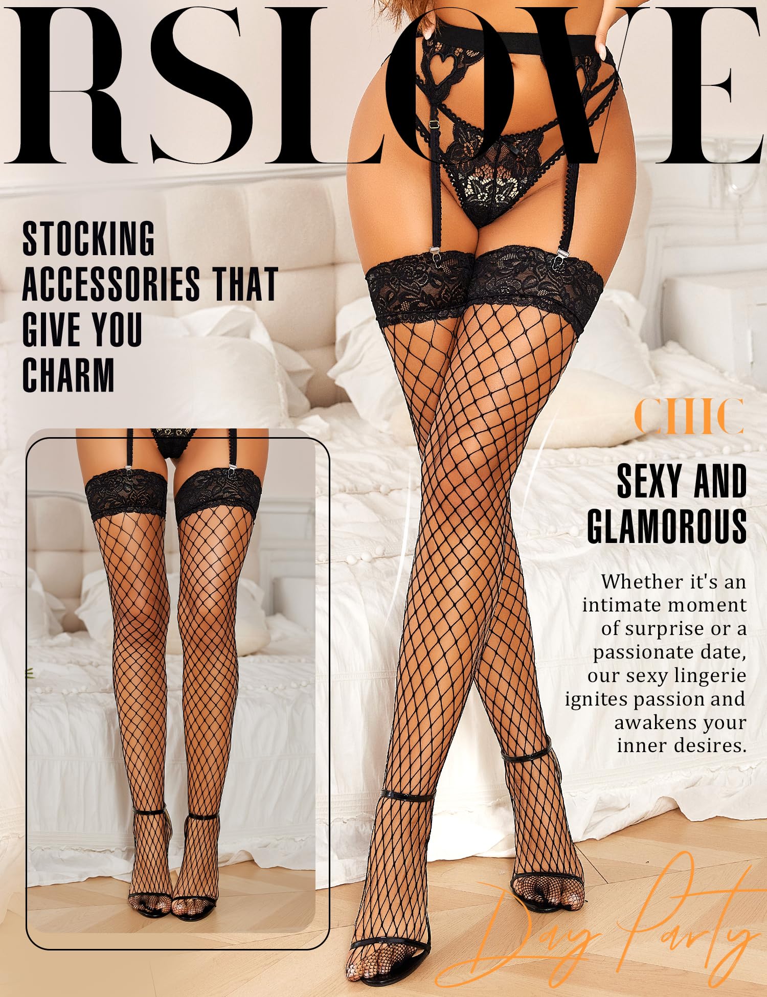 RSLOVE Sexy Lace Top Fishnet Thigh High Stockings for Women - Anti-Slip Silicone Stay Up Pantyhose | Perfect for Cosplay, Date Night & Boudoir Photography