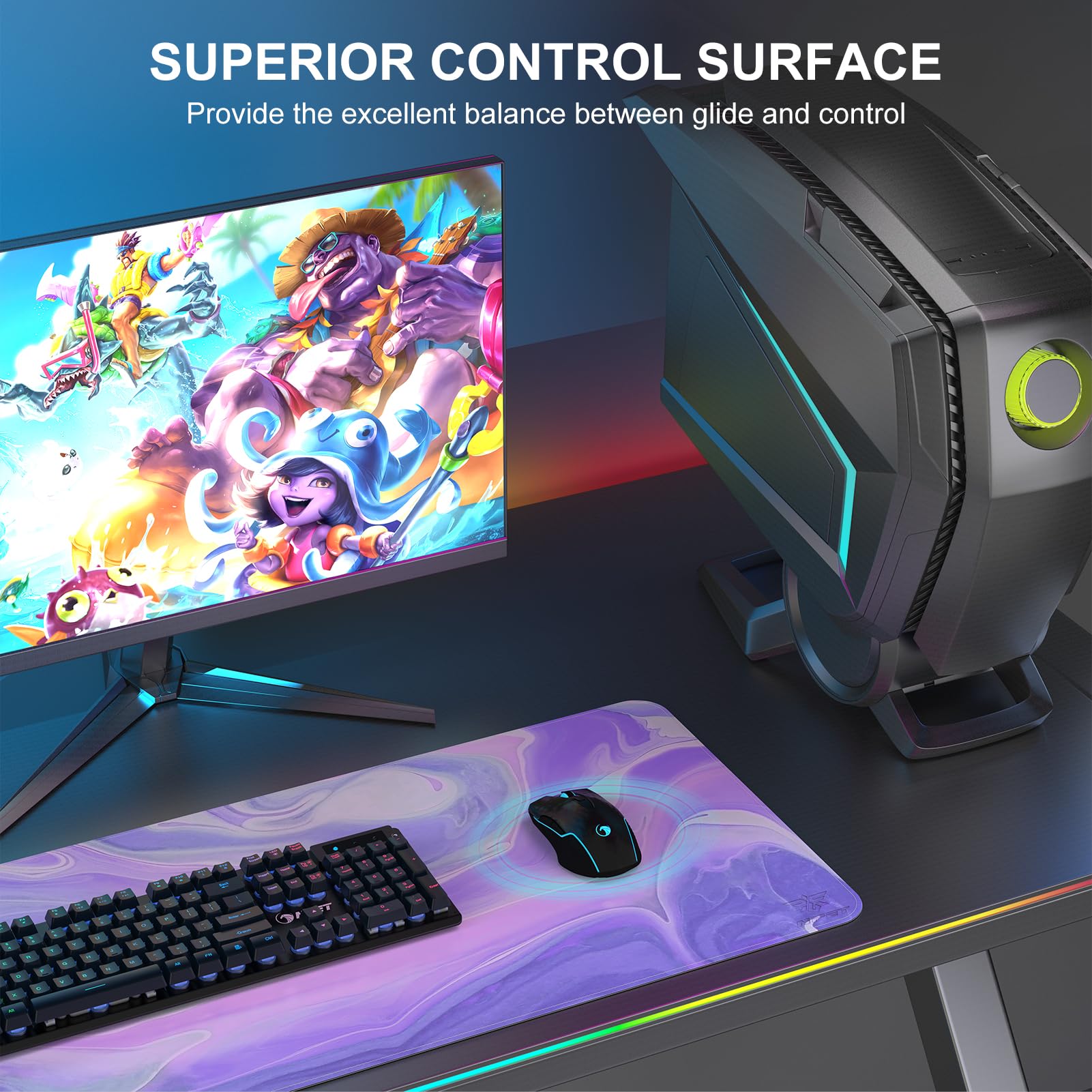 NPET MP02-SP RGB Gaming Mouse Pad with Anti-Slip Base - Large Cloth Mouse Mat with Stitched Edges & Water-Resistant Surface - Optimized for Precision Gaming Sensors - Perfect for PC, Laptop & Esports Gaming Setup