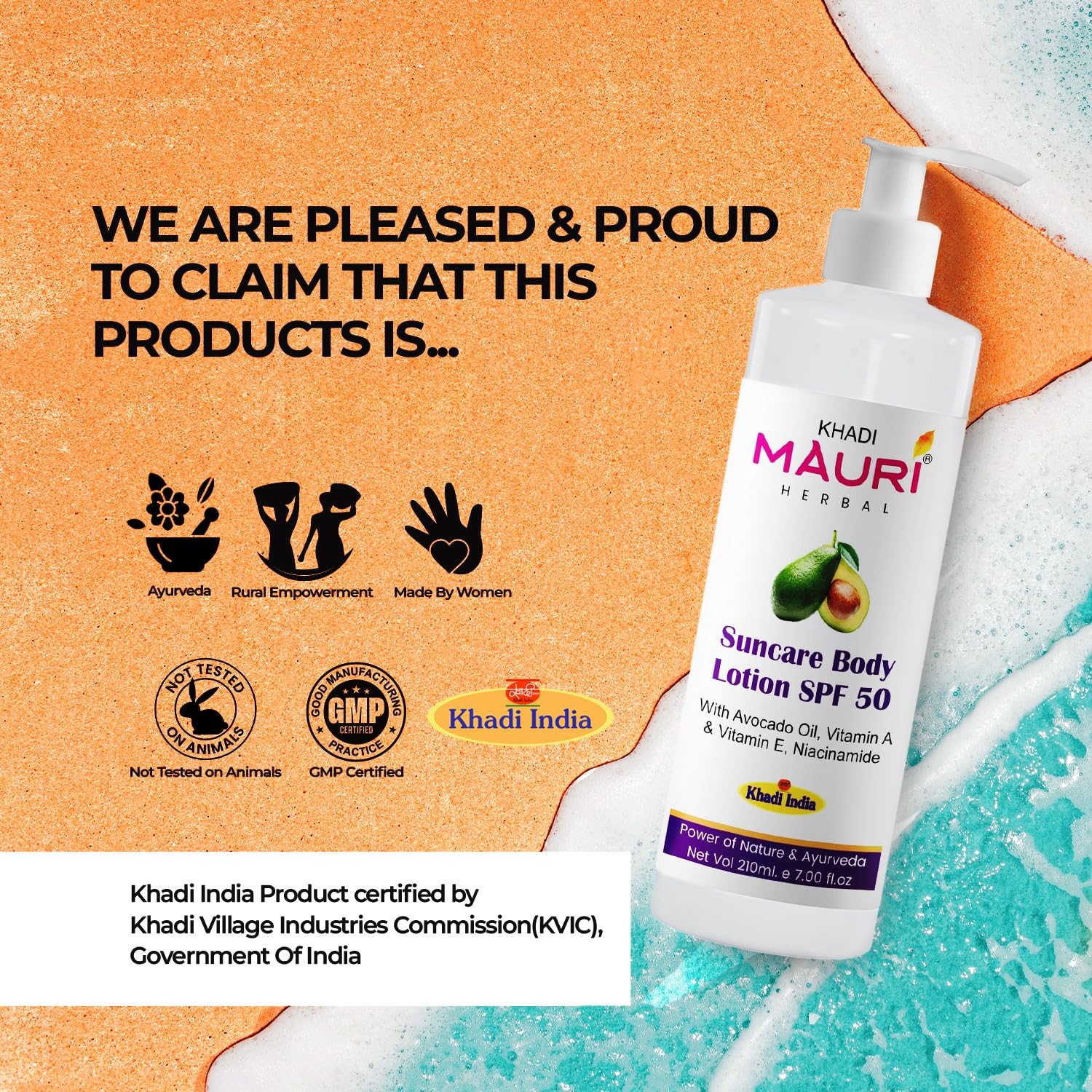 Khadi Mauri Herbal Suncare Body Lotion SPF 50 - Broad Spectrum Sunscreen with Avocado Oil, Vitamin A, E & Niacinamide | Hydrating & Nourishing Skin Care for Dry Skin | 210 ml | Perfect for Beach, Pool & Outdoor Activities