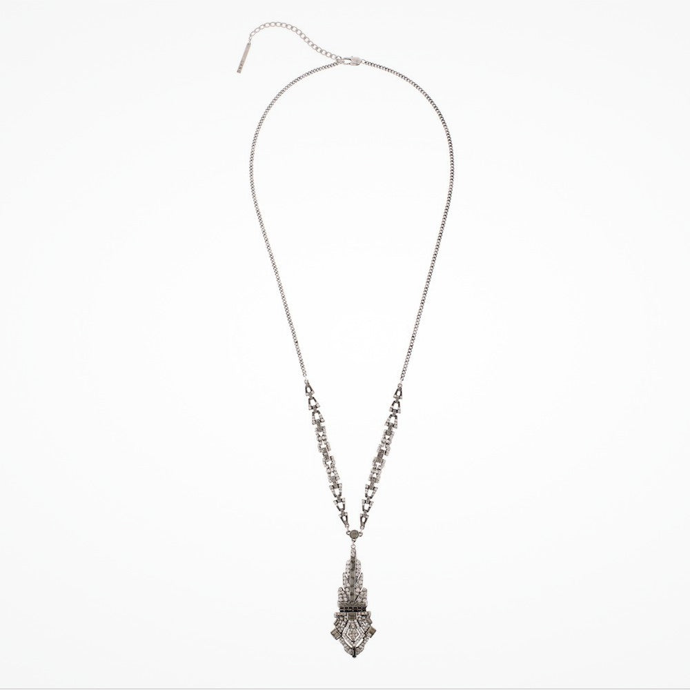 Black Diamond Geometric Deco Pendant Necklace with Long Drop Chain (NE9344) - Elegant Jewelry for Evening Parties, Weddings & Special Occasions
