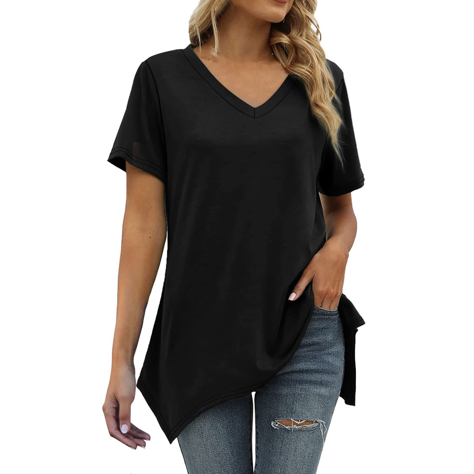 Women's Black Long Sleeve T-Shirt - Quick Dry Summer Tunic Top with V-Neck - Perfect for Yoga, Running & Casual Wear