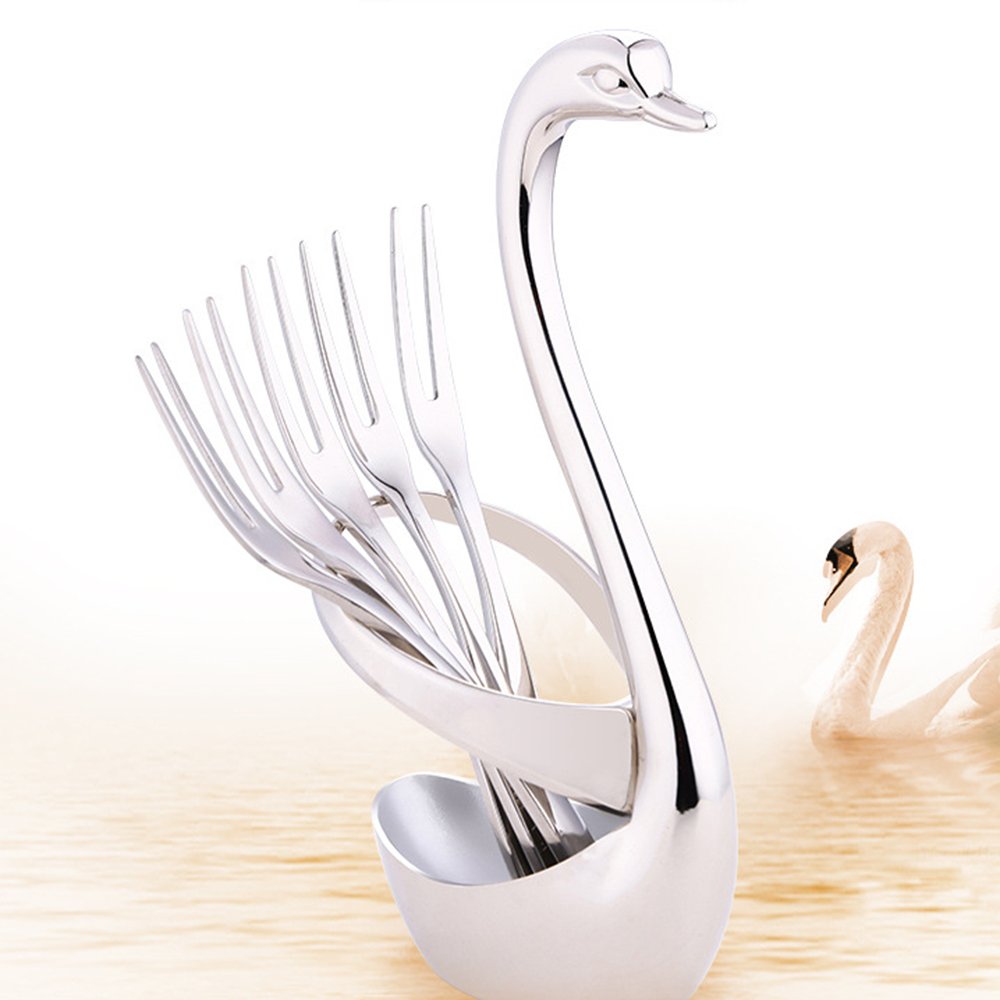 Premium 304 Stainless Steel 5-Piece Fruit Forks Set with Swan Base - Food Grade, Elegant Cocktail & Dessert Forks for Cake, Ice Cream, Coffee, Soup & Kids - Perfect for Parties, Weddings & Home Dining