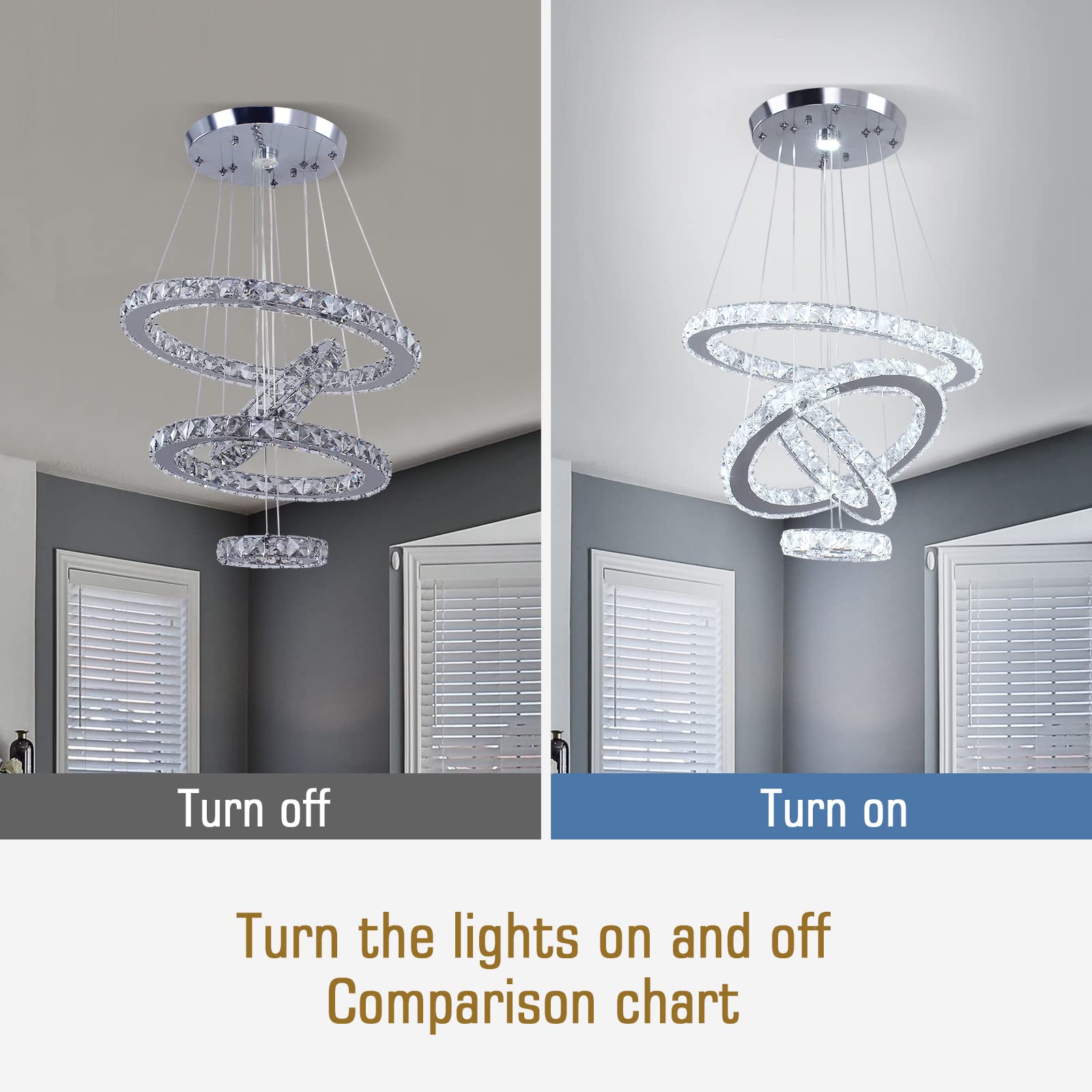 Modern LED Crystal Chandelier - Adjustable Stainless Steel Ring Pendant Light Fixture for Living Room, Dining Room, Bedroom (Cool White) | Elegant Home Lighting for Weddings, Restaurants & Luxury Interiors