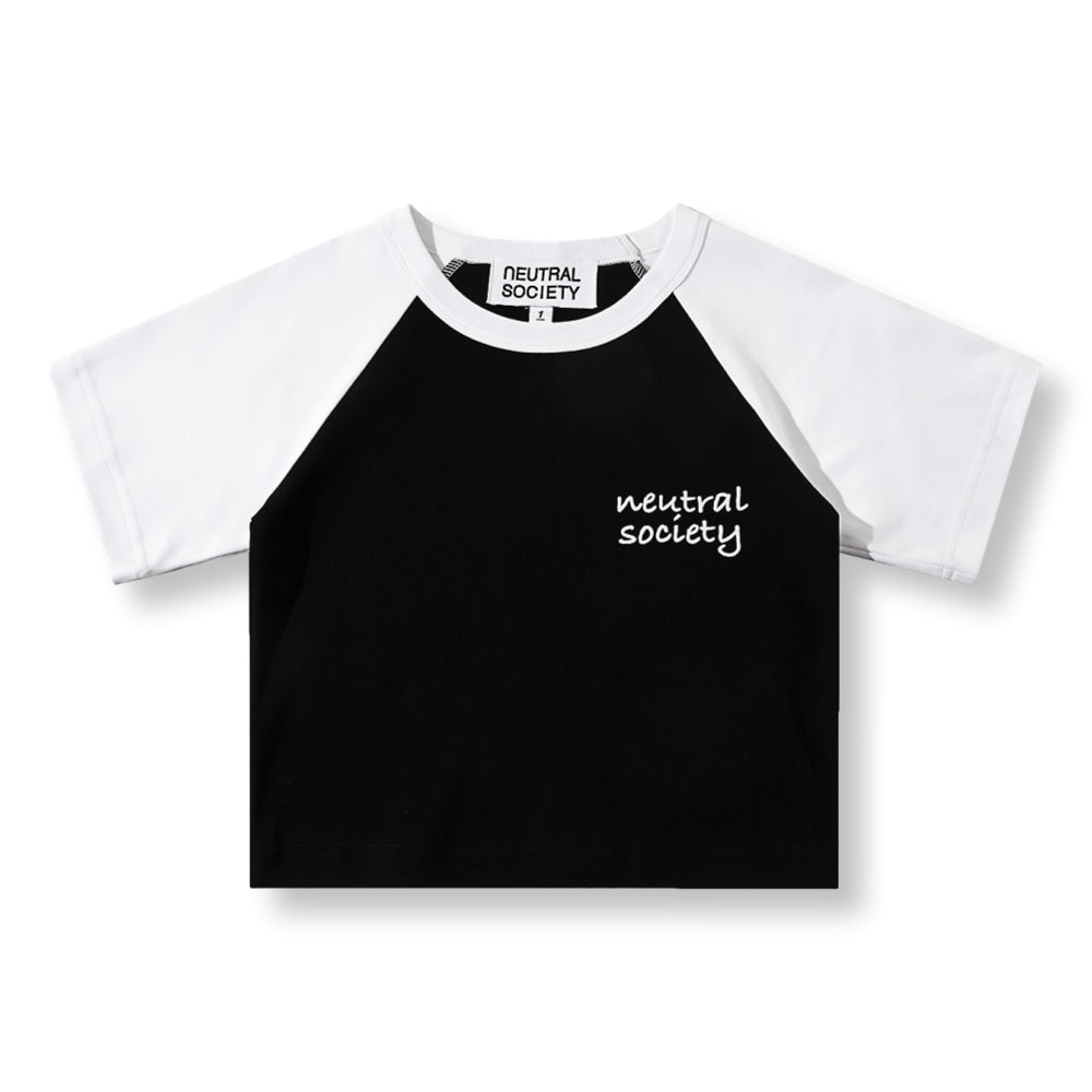 NEUTRAL SOCIETY NS Logo Mini Raglan Tee - Black Short Sleeve Cotton T-Shirt for Women | Casual Streetwear & Everyday Wear
