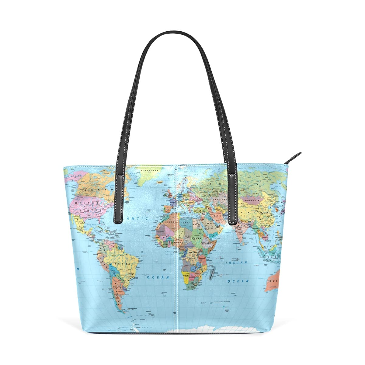 Stylish Leather Tote Bag for Women - Waterproof Colored World Map Design with Zipper & Multiple Pockets - Fashionable Shoulder Handbag for Travel, Beach, Work, School, Gym & Shopping - Perfect for Laptop Carrying & Daily Essentials Organization