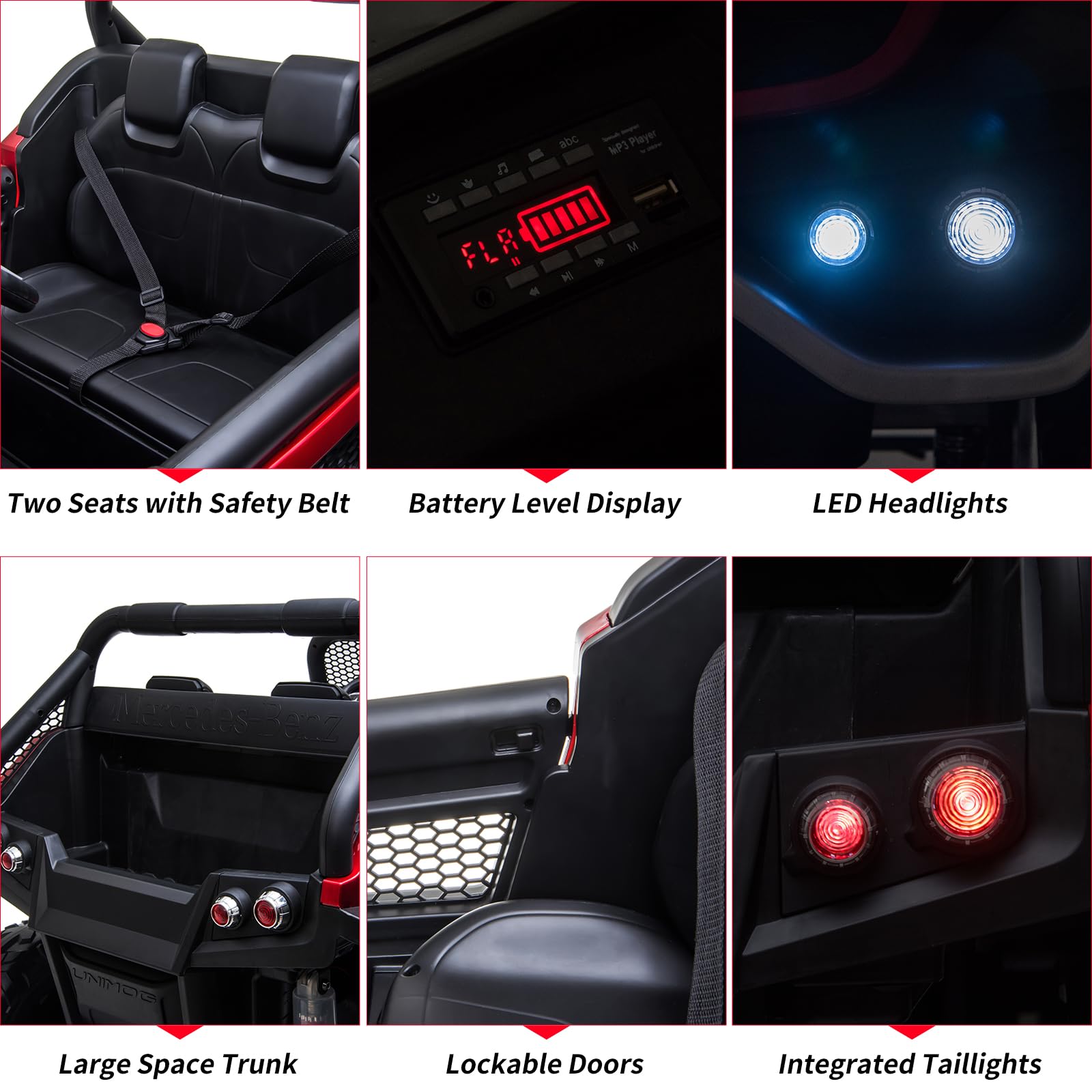 GARVEE 24V Kids Ride On Truck - 2 Seater Licensed Mercedes Benz Electric Toy Car with Remote Control, LED Lights & Music | Battery Display, Spring Suspension, Trunk | Perfect for Toddlers Outdoor Play & Birthday Gifts (Red)