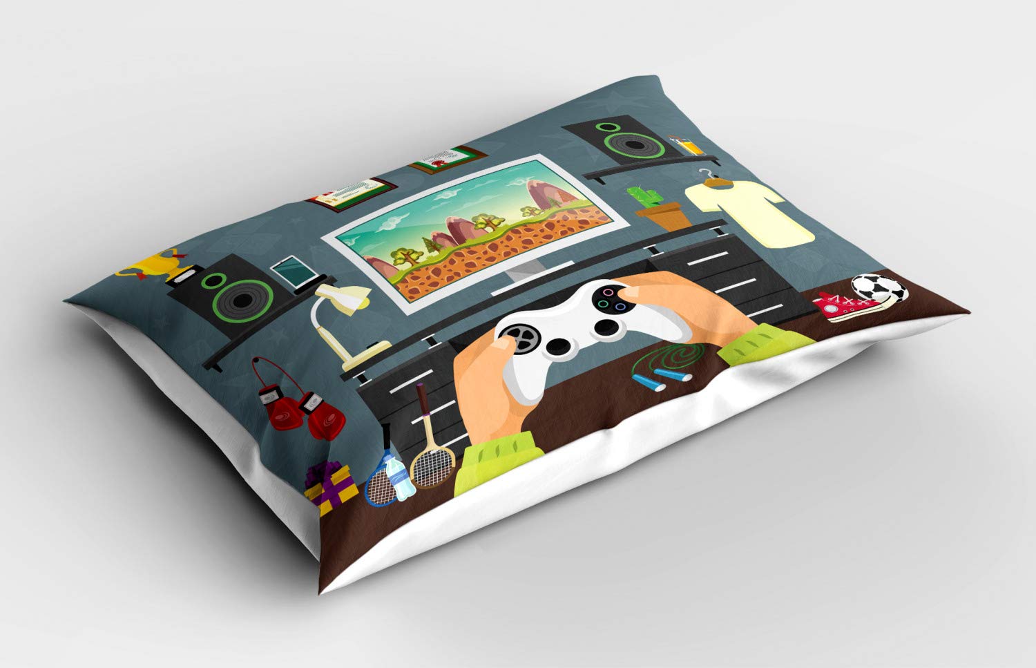 Lunarable Gamer Pillow Sham - Gaming Enthusiast Design with Diplomas, Speakers & Boxing Gloves Print, Standard Size Decorative Pillowcase (36