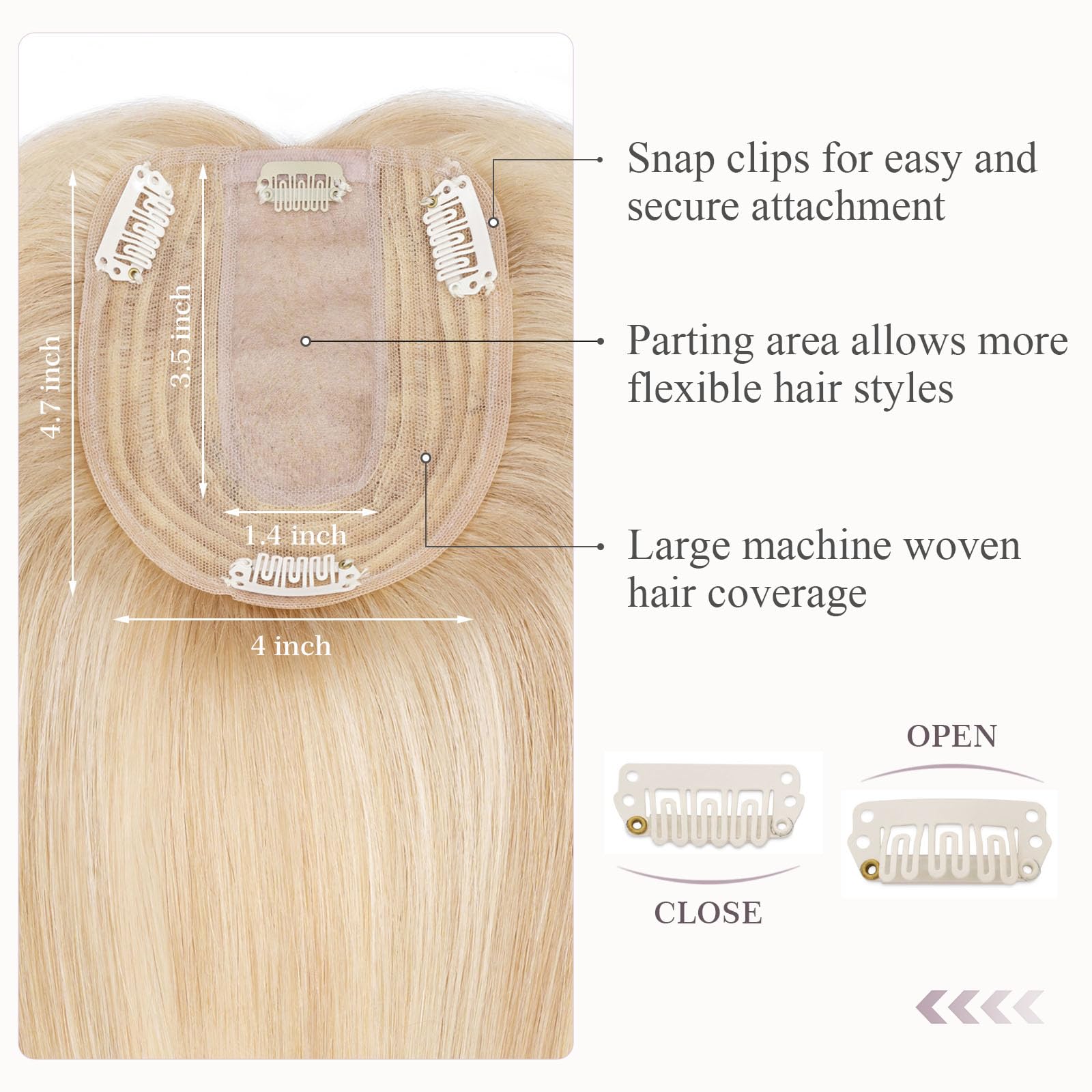 Hairro 100% Human Hair Topper with Silk Base for Women - 16 Inch Ash Blonde Mix Bleach Blonde Clip-in Hairpiece for Thin Hair & High Hairline - Perfect for Daily Wear, Special Occasions & Hair Loss Coverage
