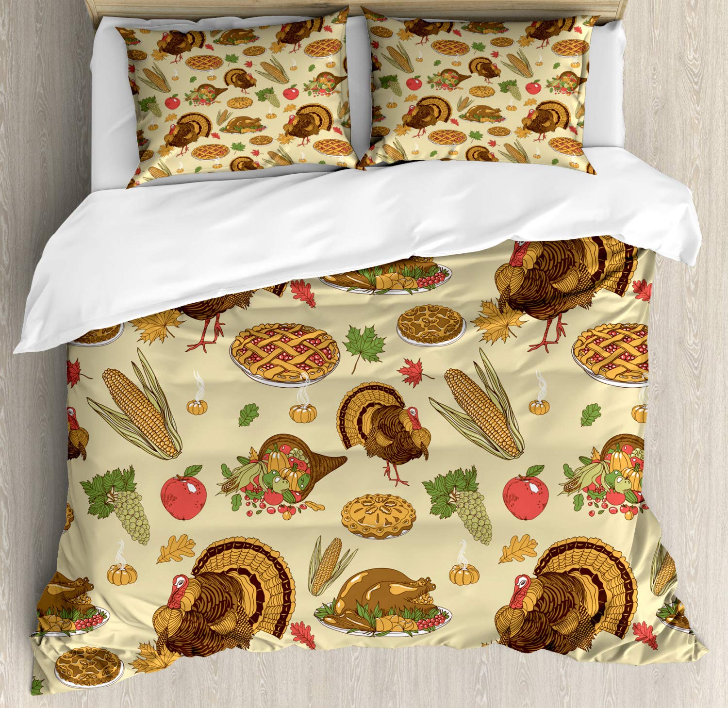 Lunarable Thanksgiving Duvet Cover Set - Classic Harvest Feast Design, 2-Piece King Size Bedding with 4 Pillowcases (Orange/Brown/Green) - Perfect for Holiday Decor & Cozy Family Gatherings