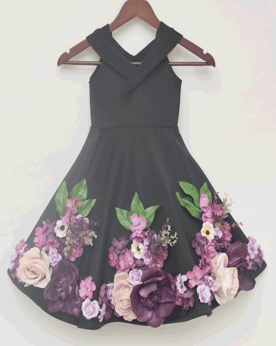 Pre Order: Elegant Black Neoprene Dress with 3D Floral Appliques - Perfect for Cocktail Parties, Date Nights & Special Occasions