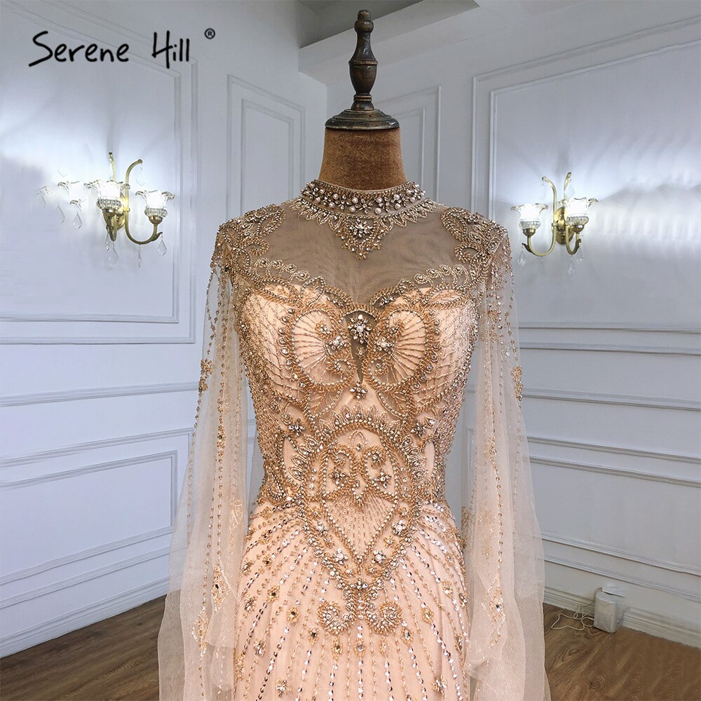 Serene Hill 2025 Luxury Grey Nude Cape Sleeve Beaded Mermaid Evening Gown - Elegant Sexy Women's Formal Dress for Prom, Gala & Special Occasions