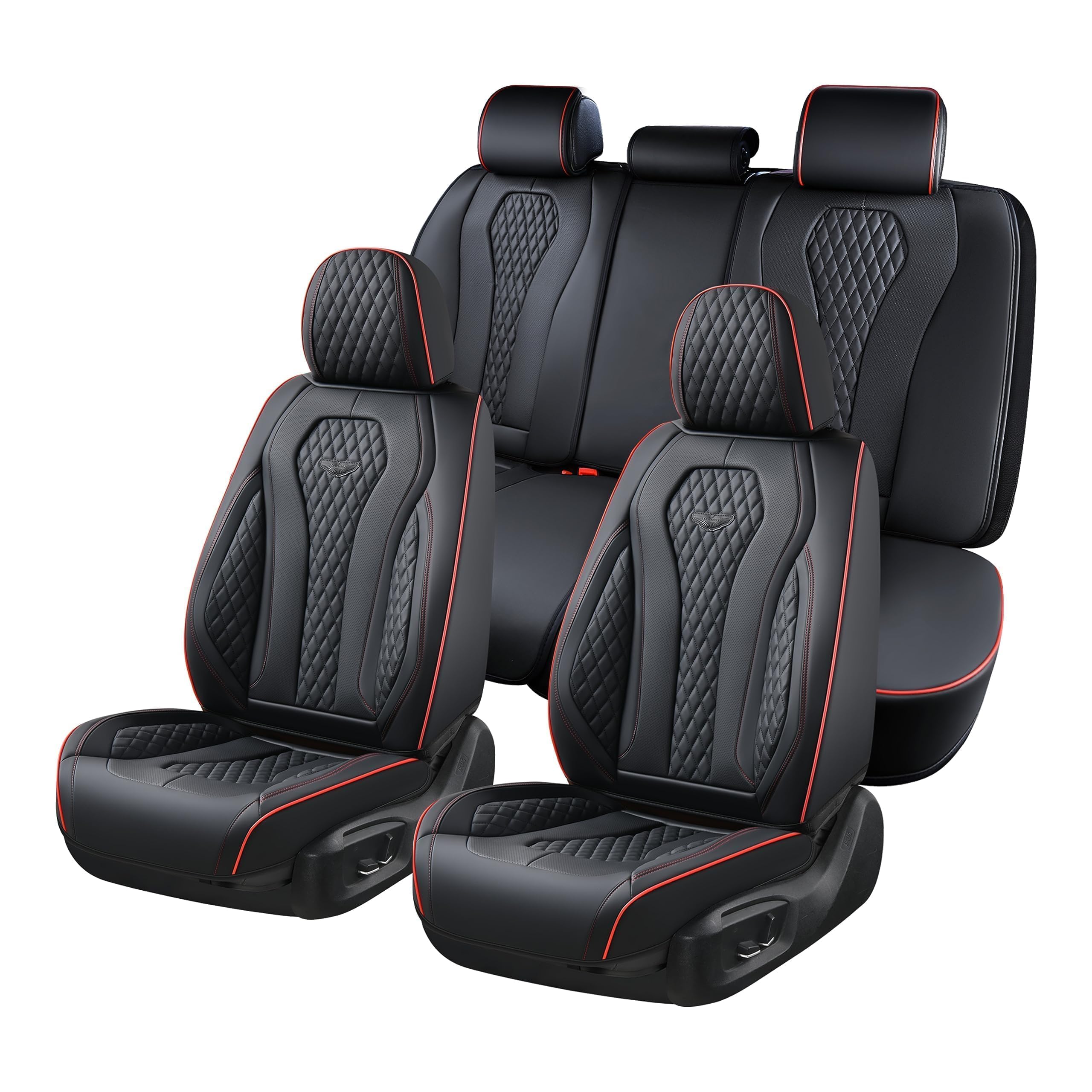 Universal Waterproof Car Seat Covers Full Set - Black with Red Stitching | Front & Back Seat Protectors for Most Vehicles | Perfect for Pets, Kids & Daily Commute