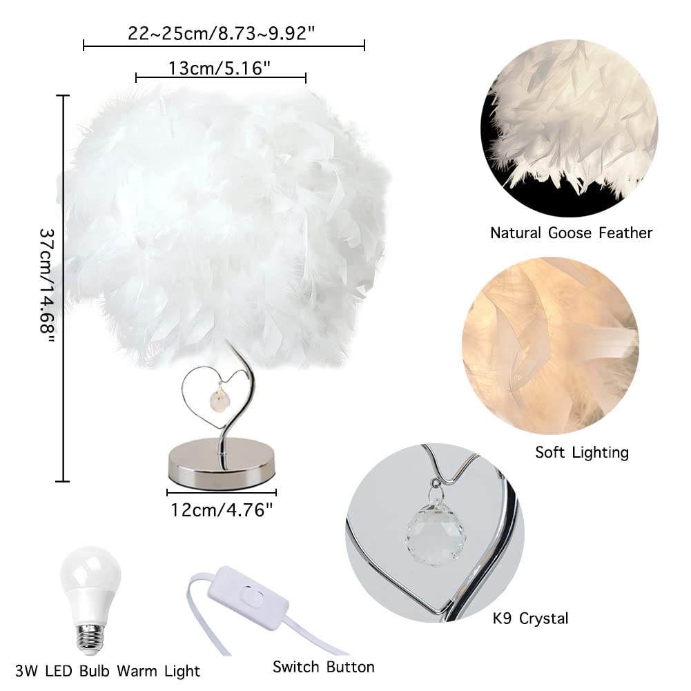 Feather Bedside Lamp - Modern Crystal Heart Table Light with Metal Base for Living Room, Bedroom, Office, Hotel | Elegant Nightstand & Desk Lighting for Cozy Ambiance